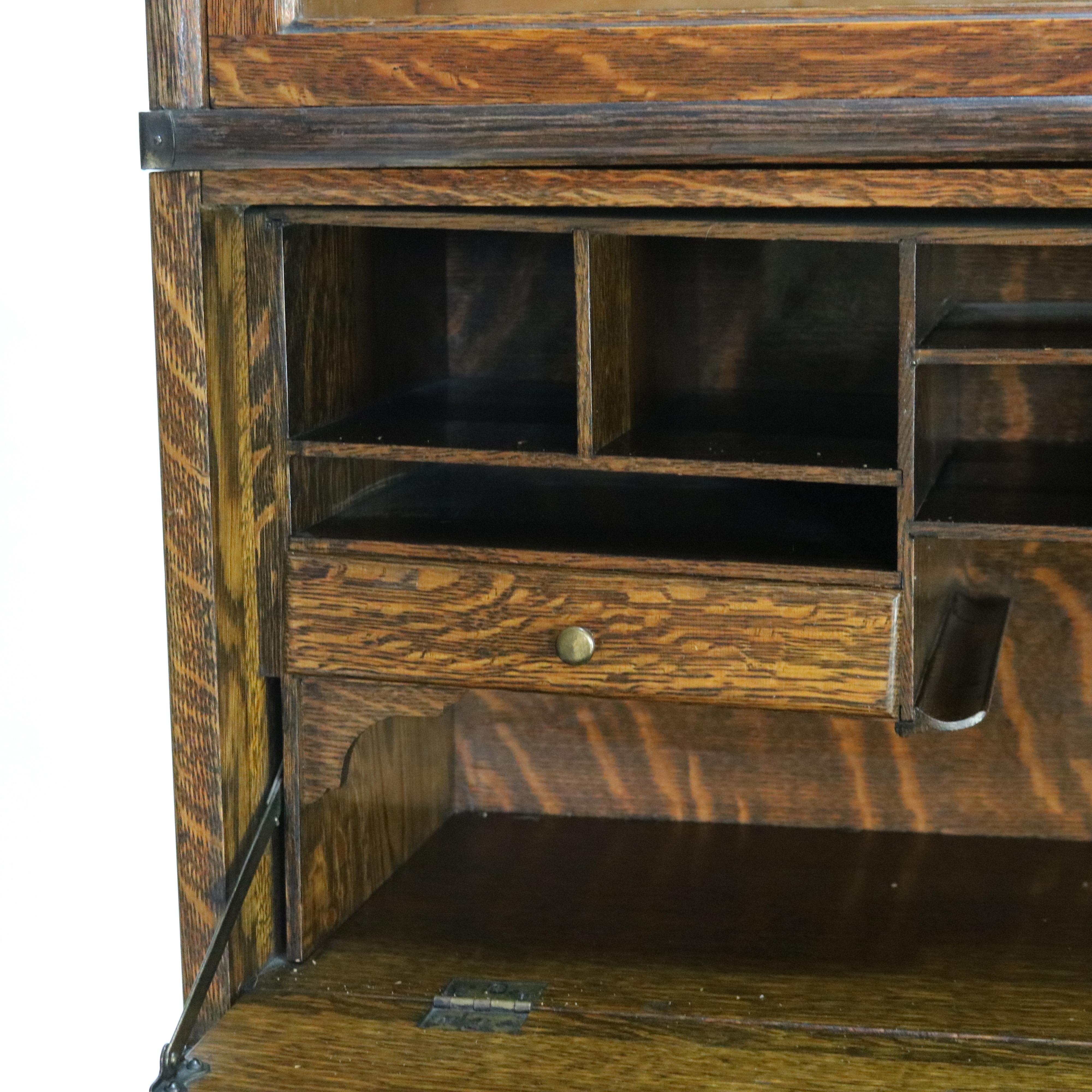 20th Century Globe Wernicke Mission Oak Barrister Bookcase Secretary with Leaded Glass c1920 For Sale