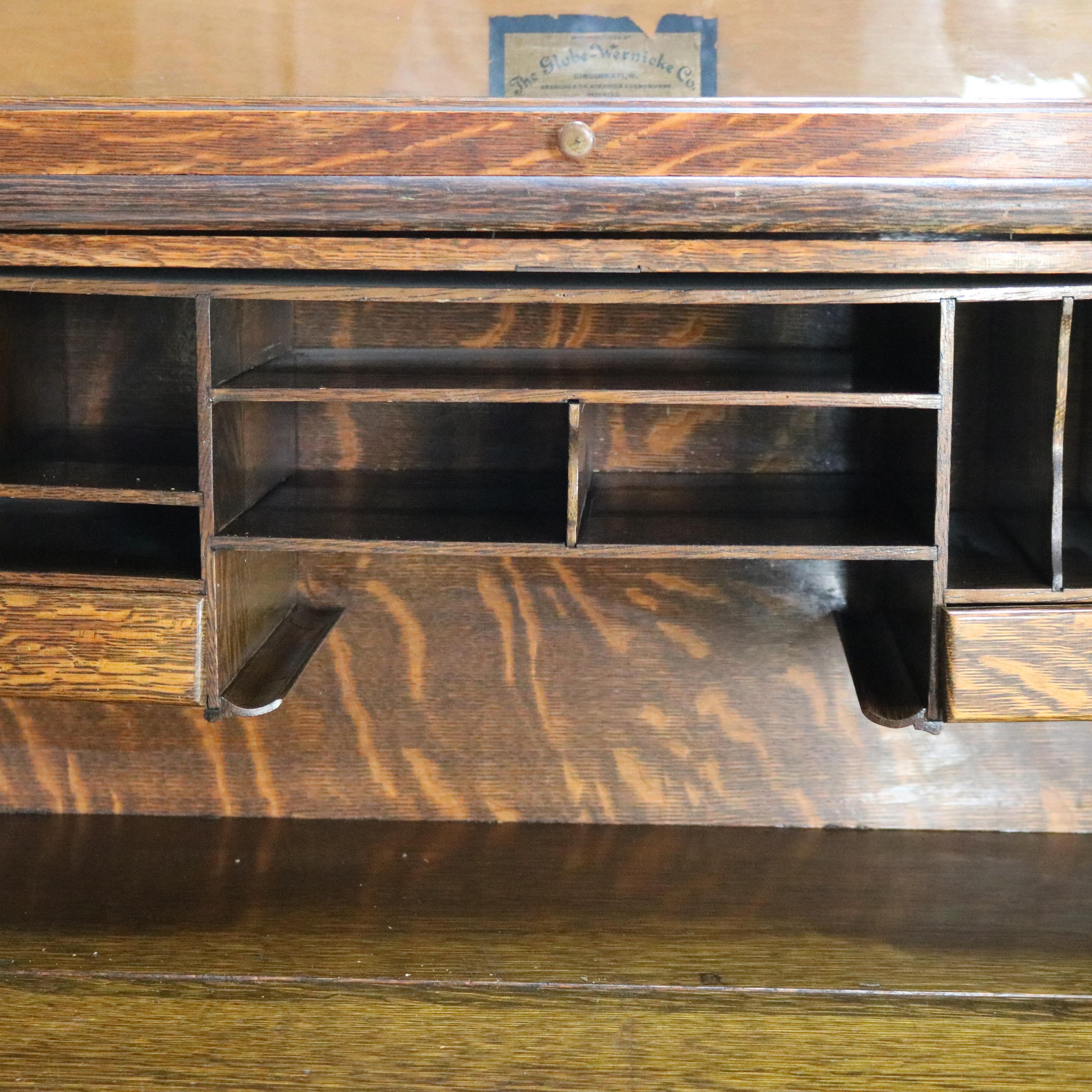 Globe Wernicke Mission Oak Barrister Bookcase Secretary with Leaded Glass c1920 For Sale 1