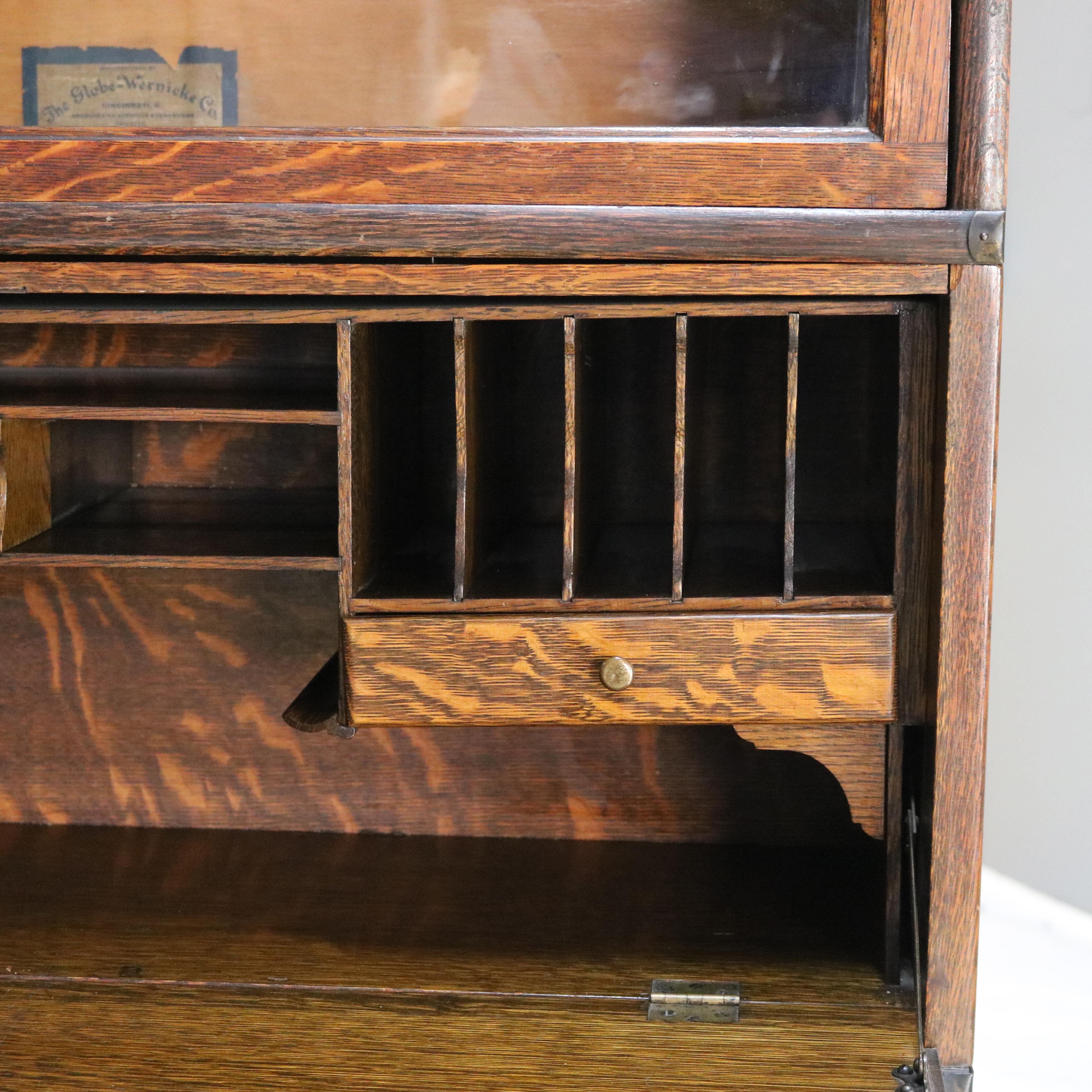 Globe Wernicke Mission Oak Barrister Bookcase Secretary with Leaded Glass c1920 For Sale 2