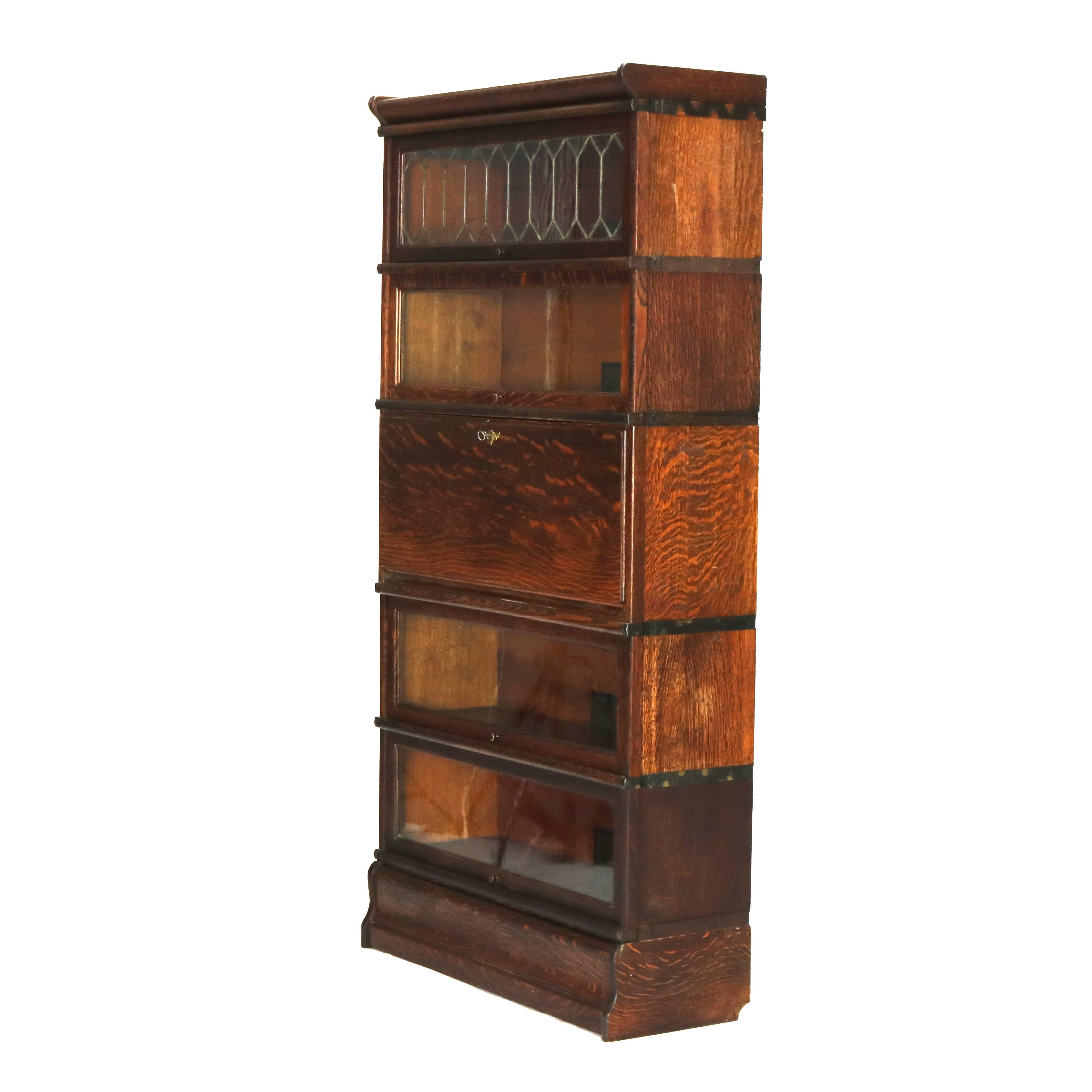 Globe Wernicke Mission Oak Barrister Bookcase Secretary with Leaded Glass c1920 For Sale 5