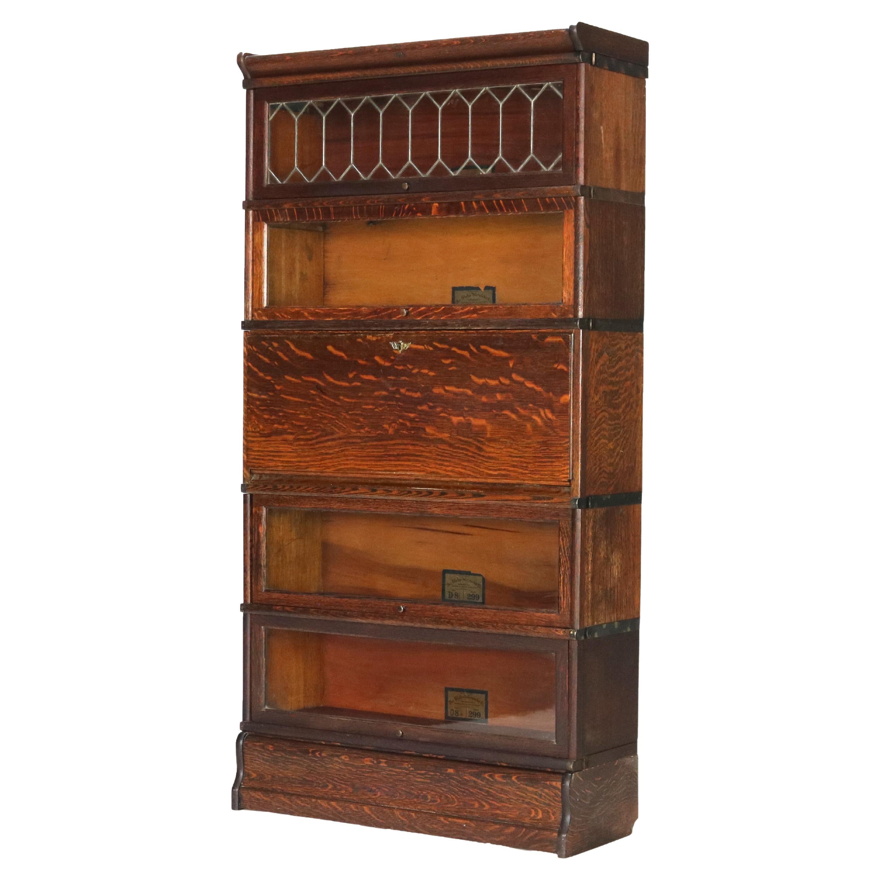 Globe Wernicke Mission Oak Barrister Bookcase Secretary with Leaded Glass c1920 For Sale