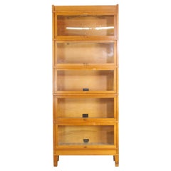 Used Globe-Wernicke Oak 5 Section Barrister Bookcase w/ Glass Doors & Original Pulls