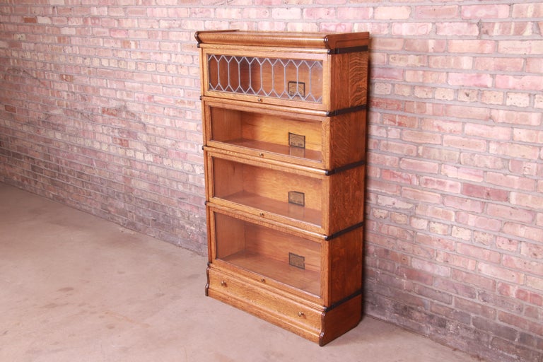 Globe Wernicke Oak FourStack Barrister Bookcase with Leaded Glass