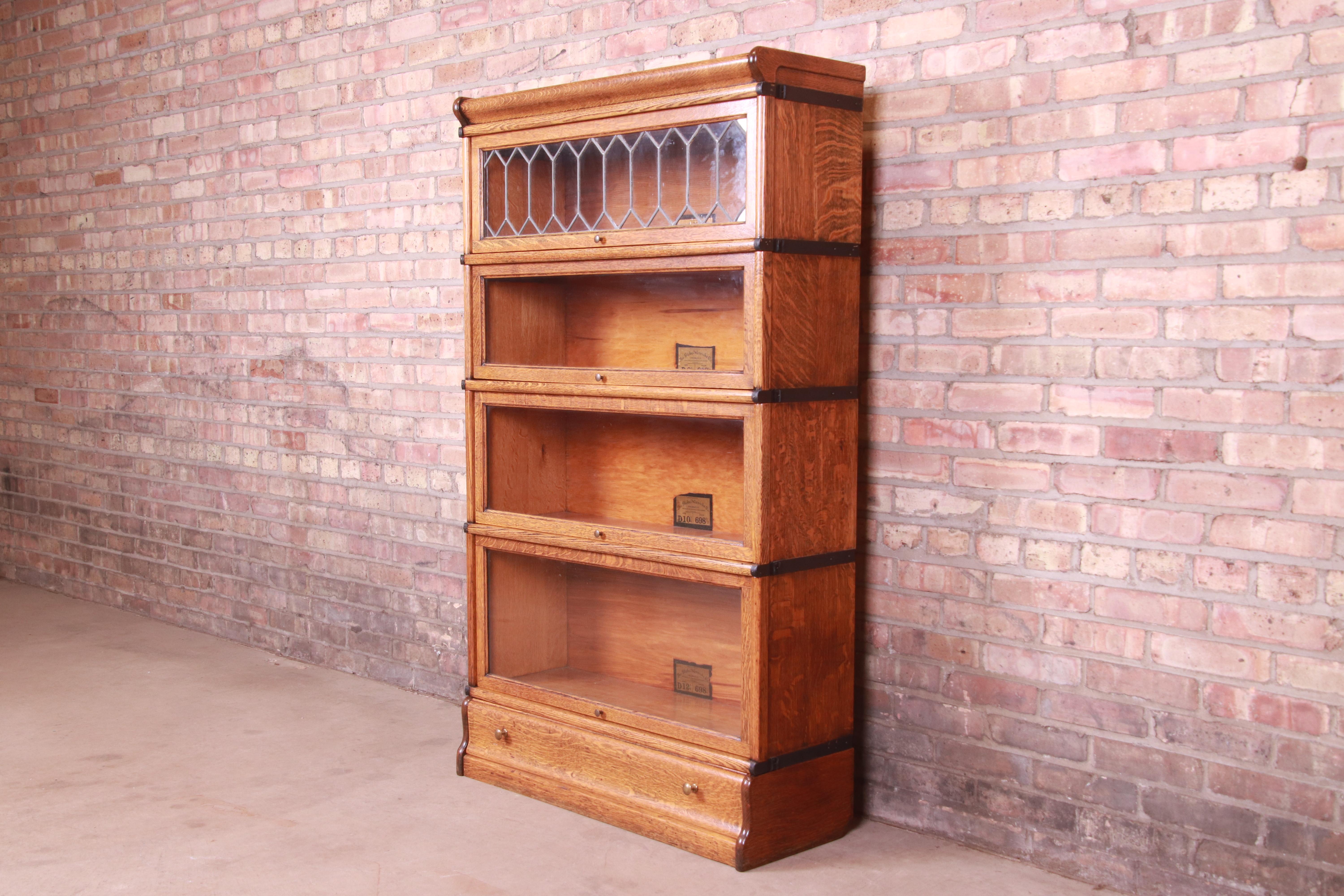 Arts and Crafts Globe Wernicke Oak Four-Stack Barrister Bookcase with Leaded Glass, circa 1900