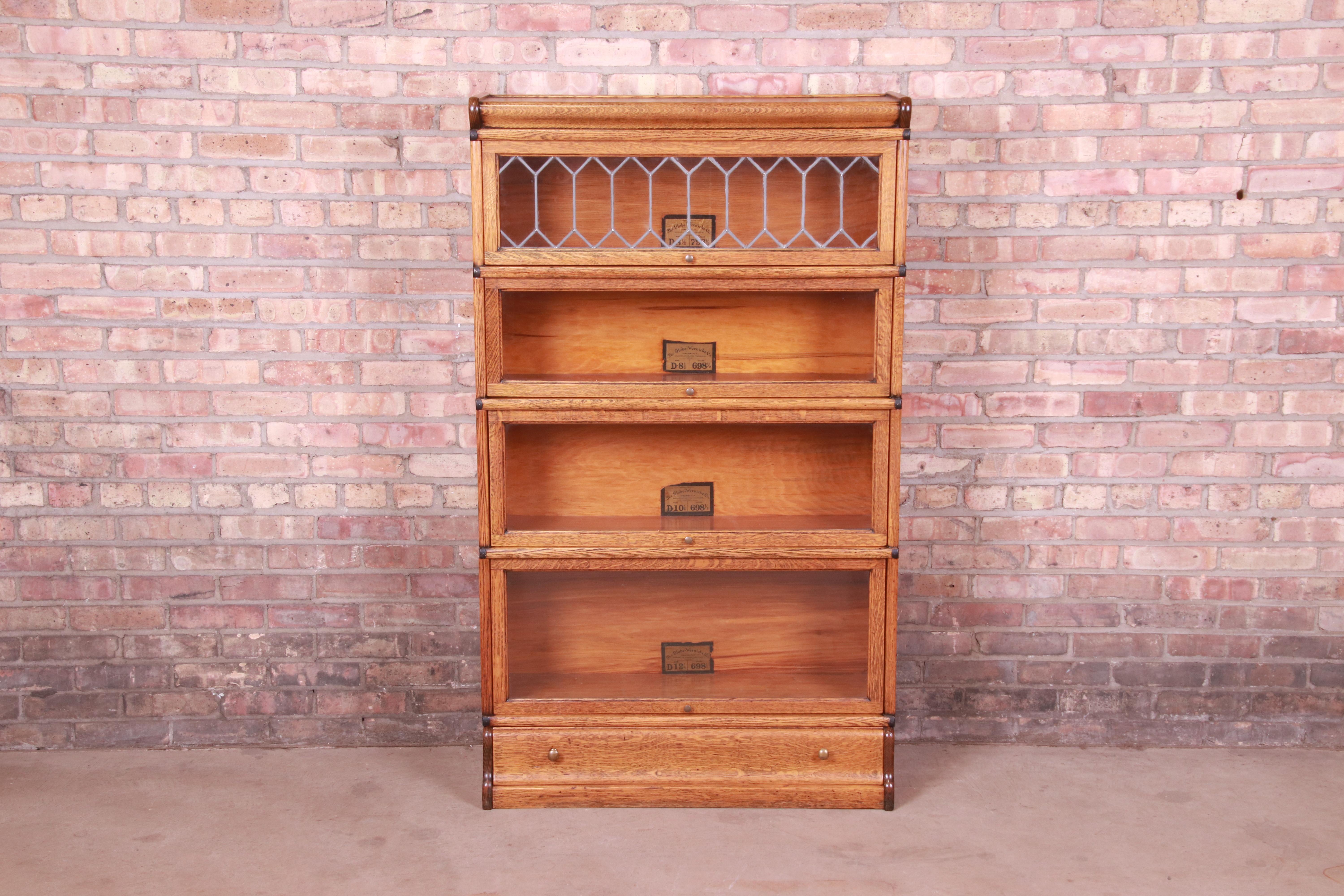 American Globe Wernicke Oak Four-Stack Barrister Bookcase with Leaded Glass, circa 1900