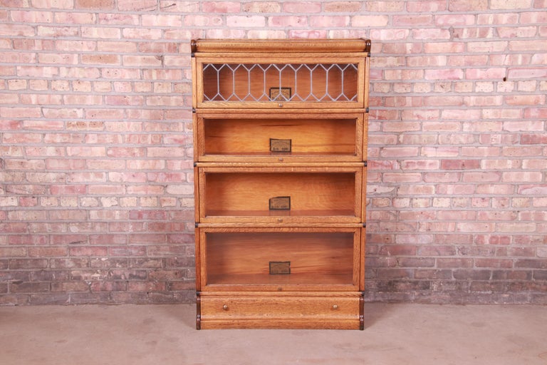 Globe Wernicke Oak FourStack Barrister Bookcase with Leaded Glass