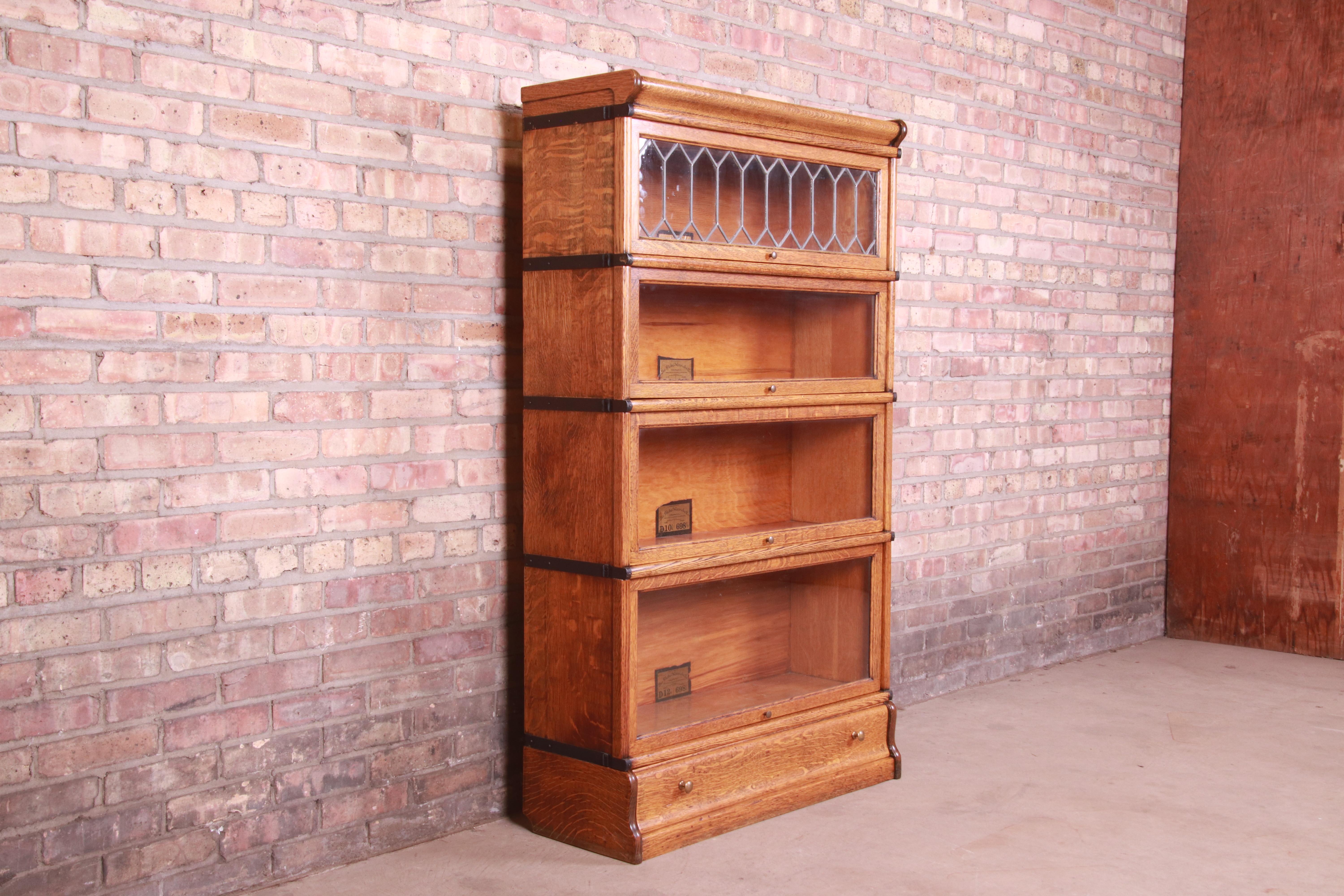 20th Century Globe Wernicke Oak Four-Stack Barrister Bookcase with Leaded Glass, circa 1900