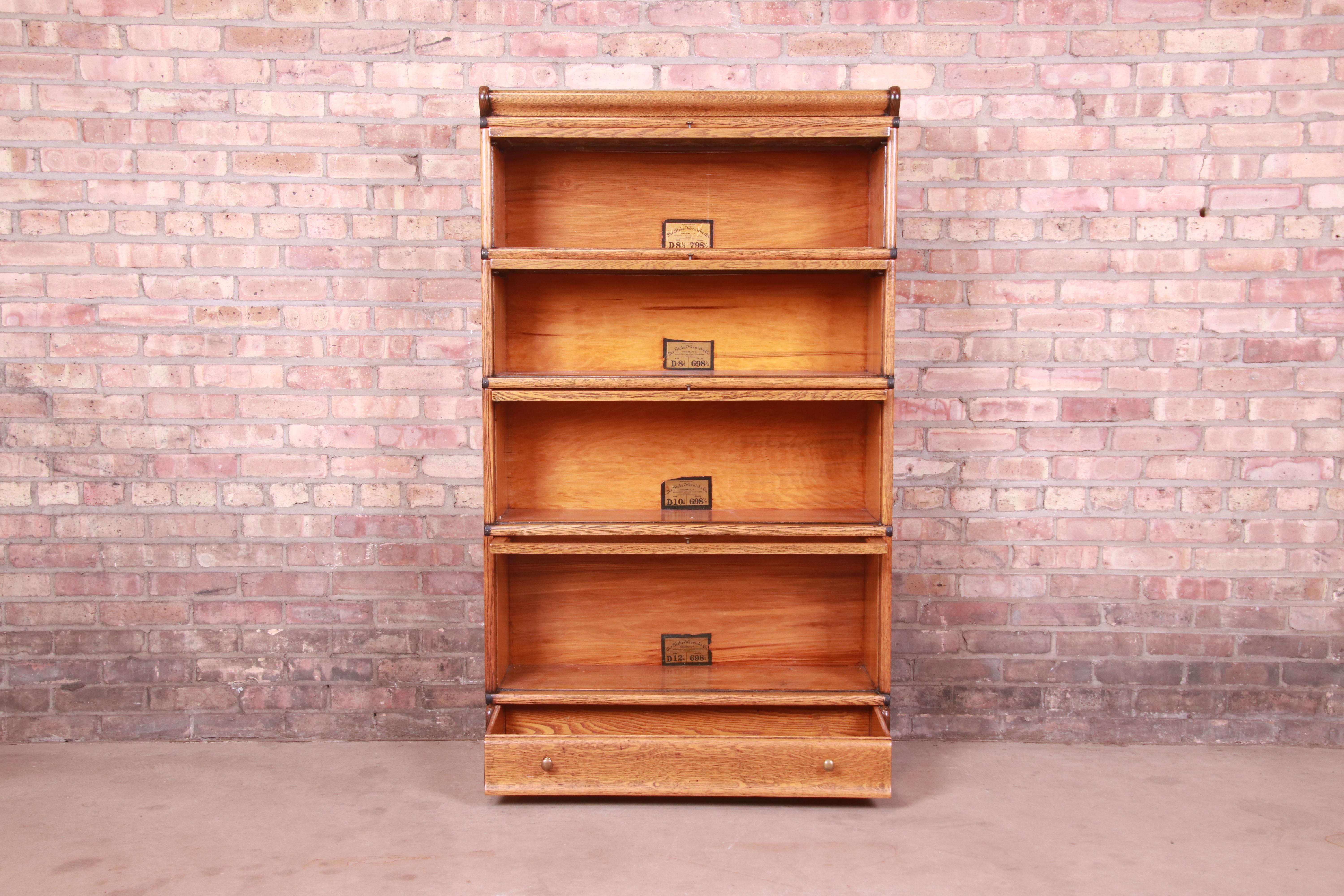 Brass Globe Wernicke Oak Four-Stack Barrister Bookcase with Leaded Glass, circa 1900