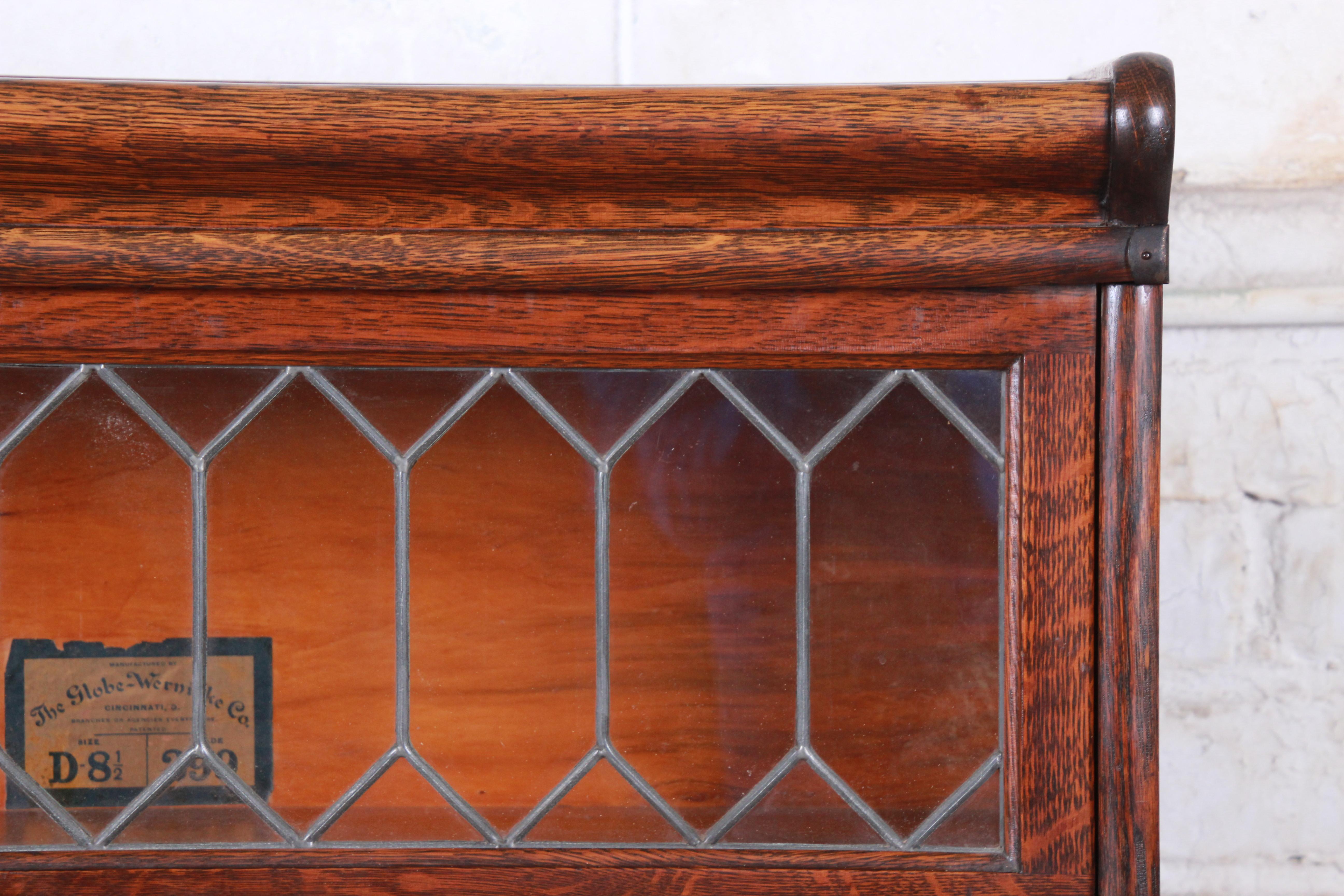 Globe-Wernicke Oak Four-Stack Barrister Bookcase with Leaded Glass Doors, 1920s 2