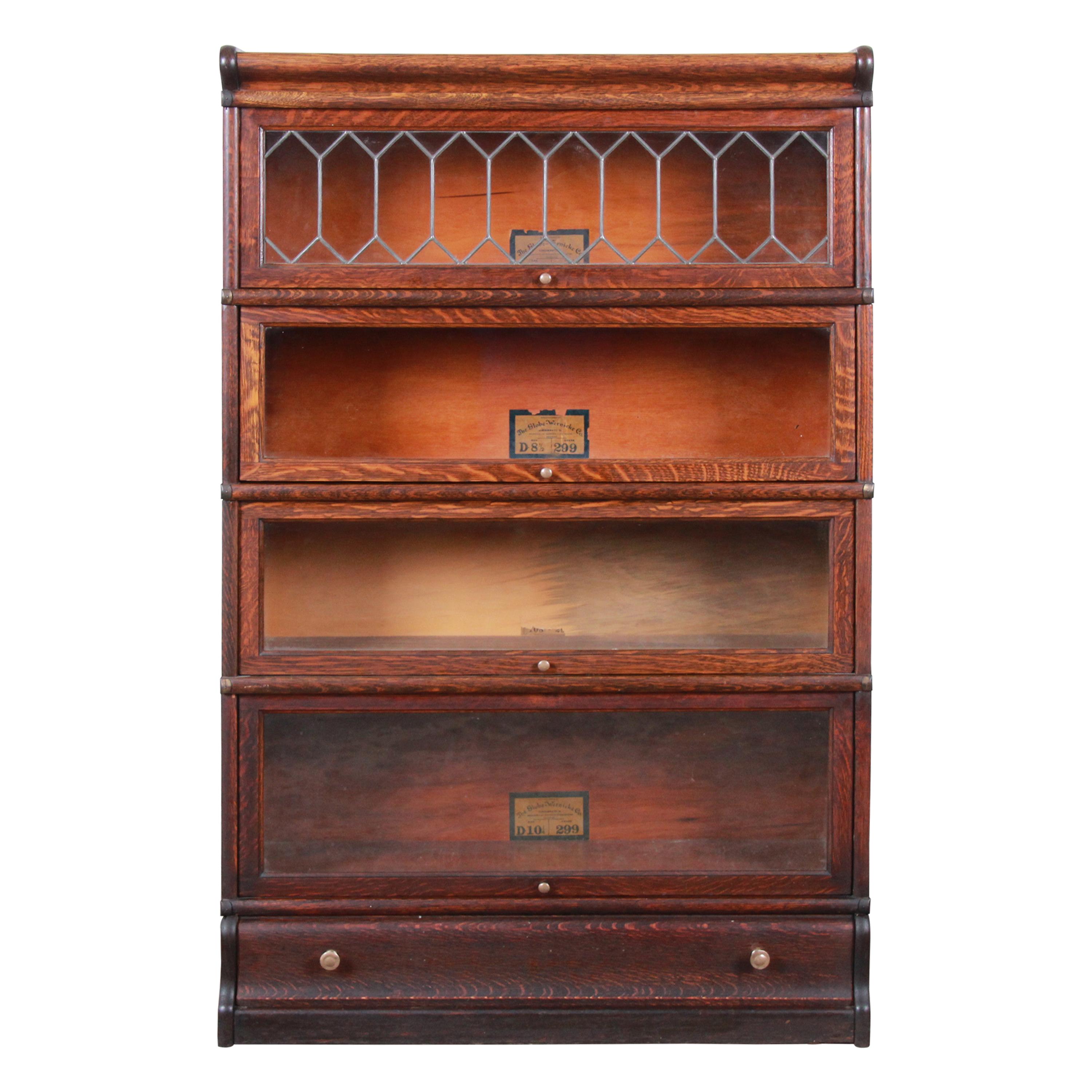 Globe-Wernicke Oak Four-Stack Barrister Bookcase with Leaded Glass Doors, 1920s