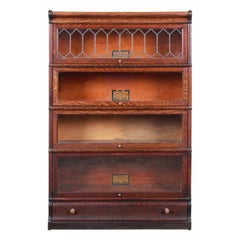 Antique Globe-Wernicke Oak Four-Stack Barrister Bookcase with Leaded Glass Doors, 1920s