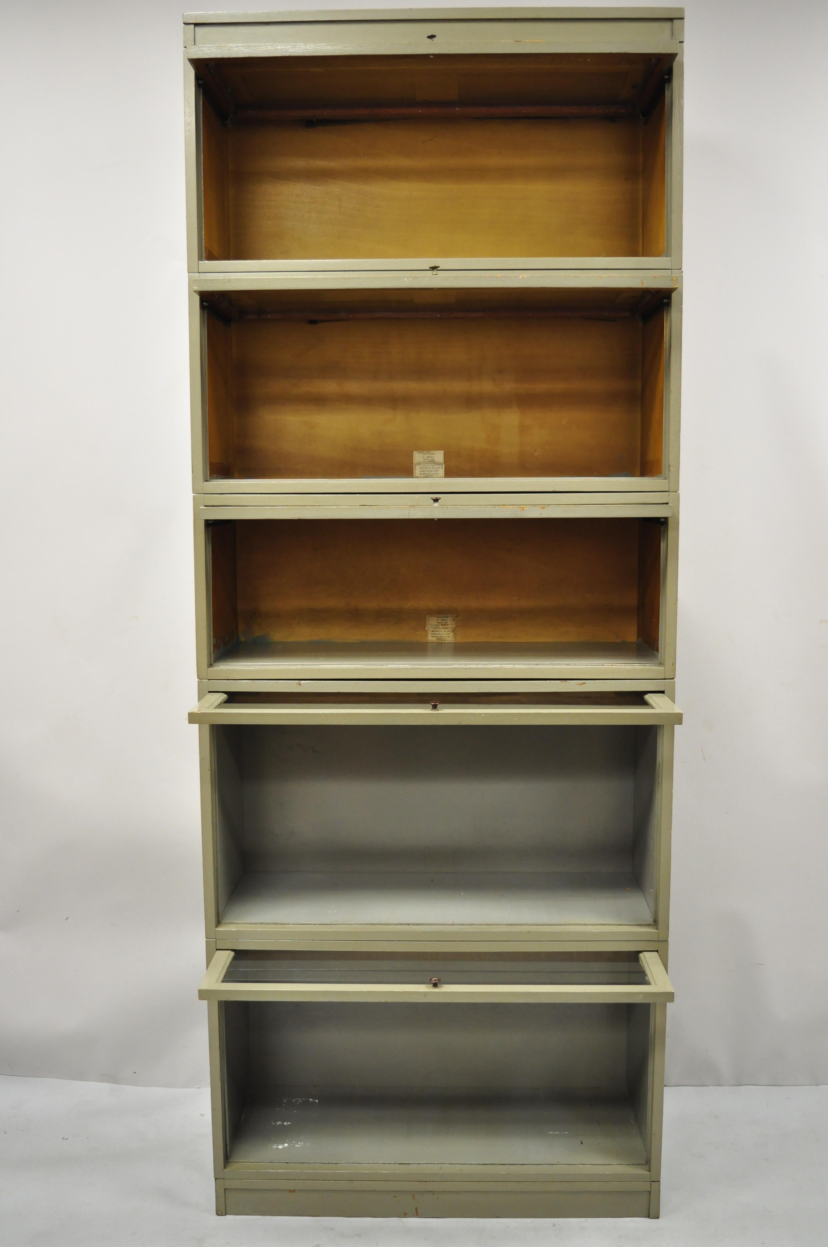 North American Globe Wernicke Oak Panel Green 5 Section Stacking Lawyer's Barrister Bookcase