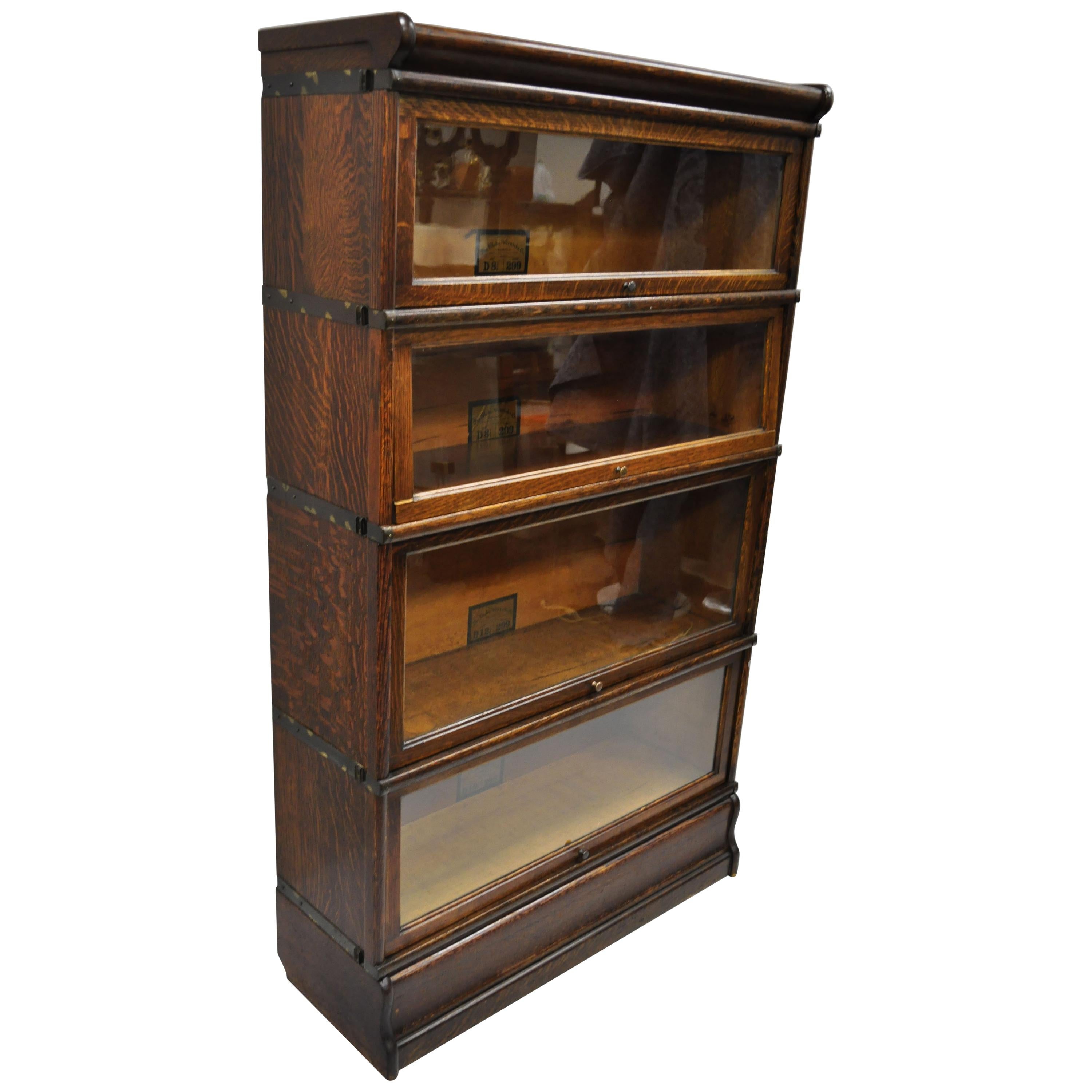 Globe Wernicke Quarter Sawn Tiger Oak 4-Section Stack Barrister Lawyers Bookcase