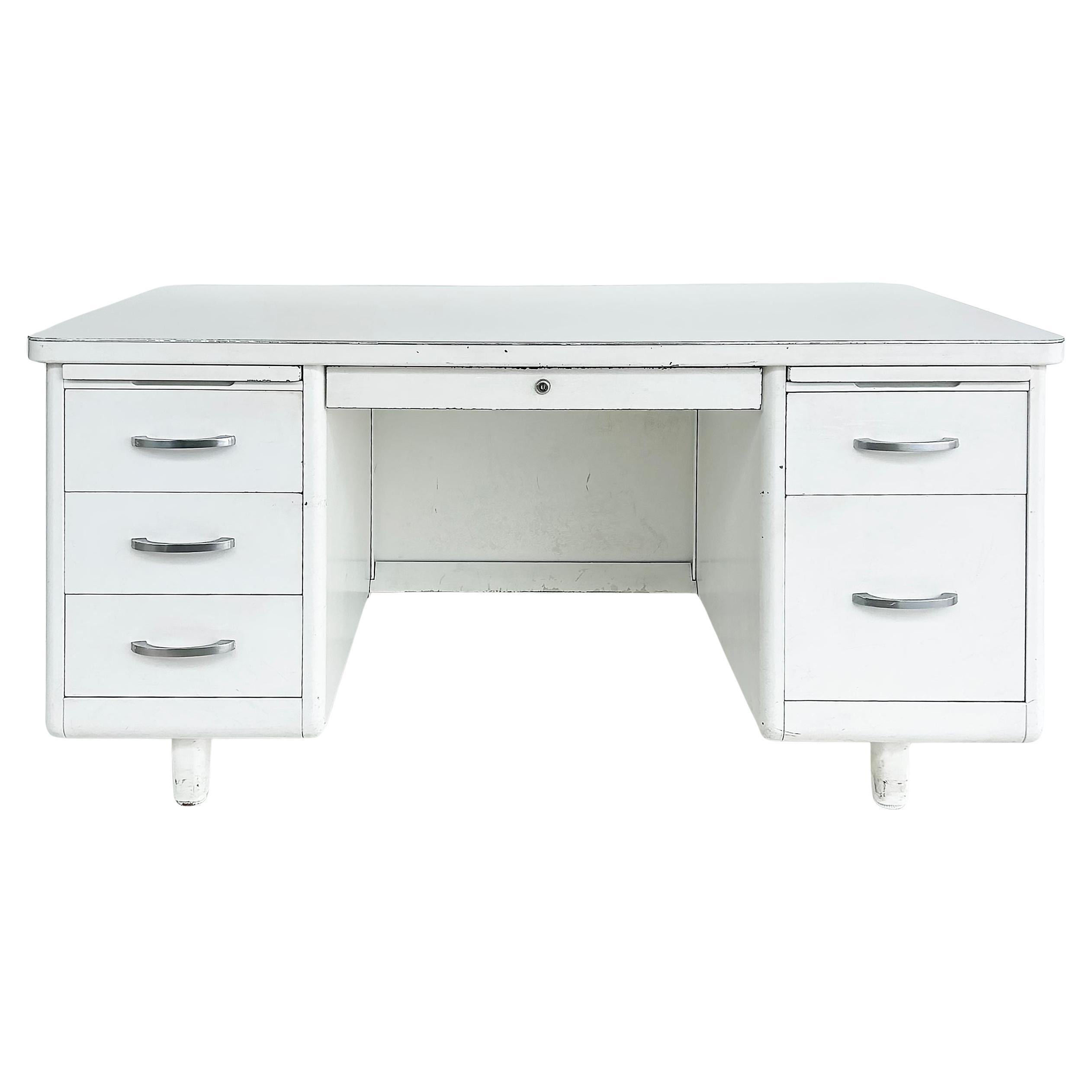 Globe Wernicke Style Mid-Century Modern White Steel Tanker Desk w/ Formica Top