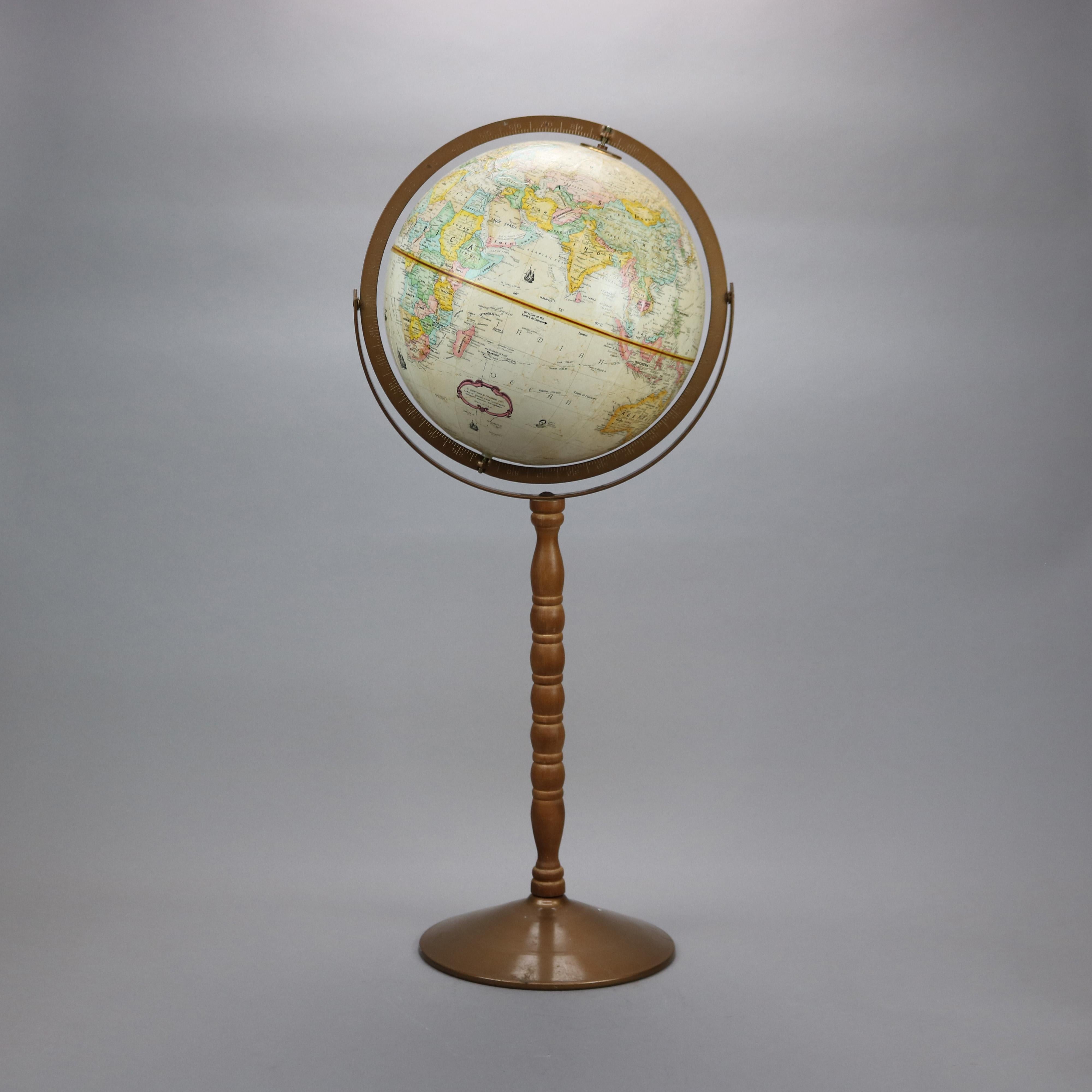 A globemaster floor globe by Replogle offers globe on brass and bronzed metal base having swivel carriage on column with circular foot, 20th century

Measures: 32 1/4' x 13 1/2