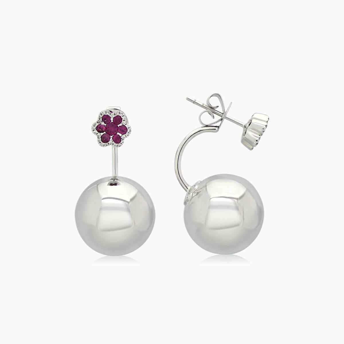 Mixed Cut Globes Ruby White Diamond & Ruby 18K White Gold Ball Earrings For Sale