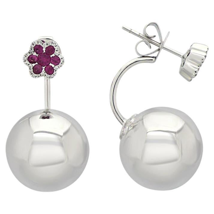 Globes Ruby White Diamond & Ruby 18K White Gold Ball Earrings For Sale