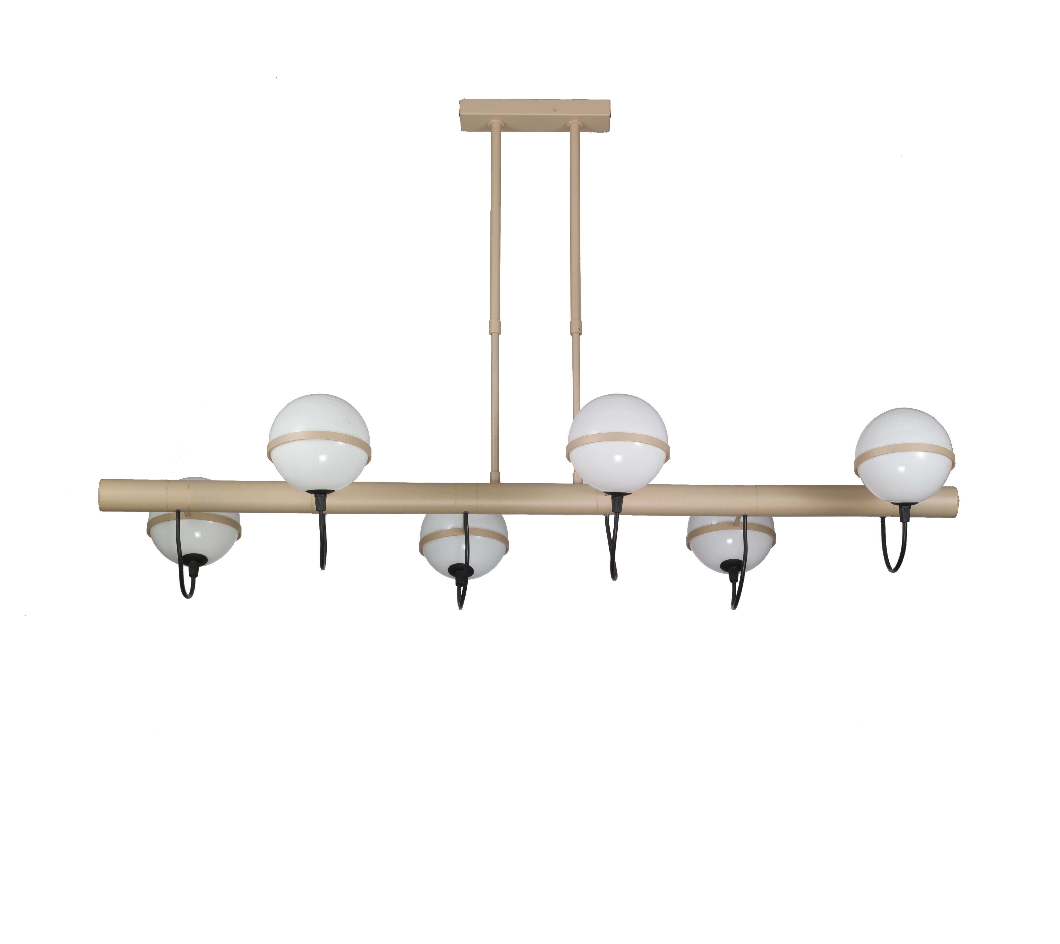 Italian horizontal chandelier with six white opaline glass globes held by champagne colored metal structure / Made in Italy by Fabio Ltd inspired by Gino Sarfatti
Length: 43 inches / Depth: 16 inches / Height: 8 inches plus rods and canopy
6 lights
