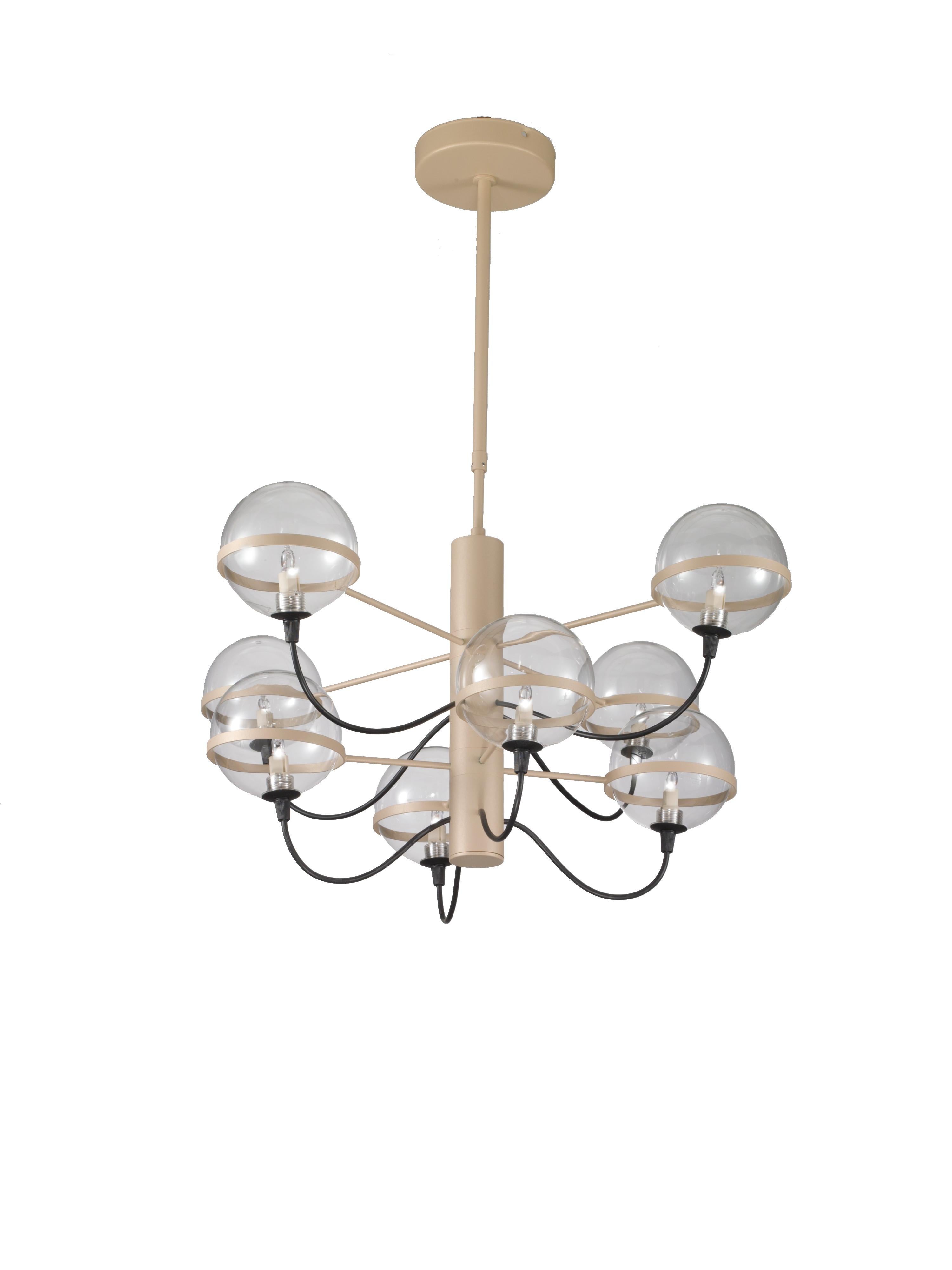 Araña italiana con ocho globos de cristal transparente sostenidos por una estructura metálica de color champán / Fabricada en Italia por Fabio Ltd inspirada en Gino Sarfatti
Diámetro: 26 pulgadas / Altura: 12 pulgadas más varilla y dosel
8 luces /