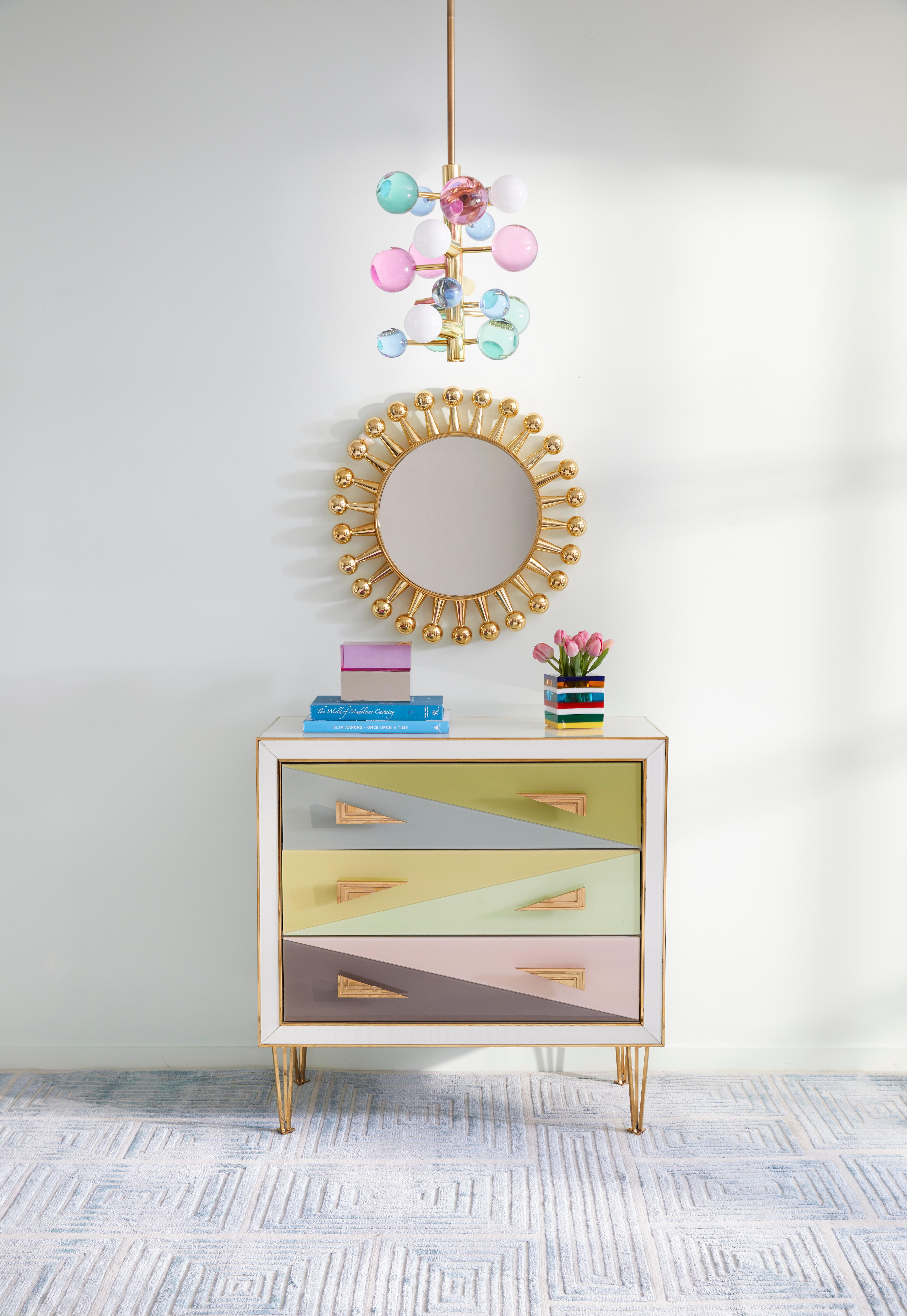 Modern Globo Colored Lucite and Brass Five-Light Chandelier For Sale
