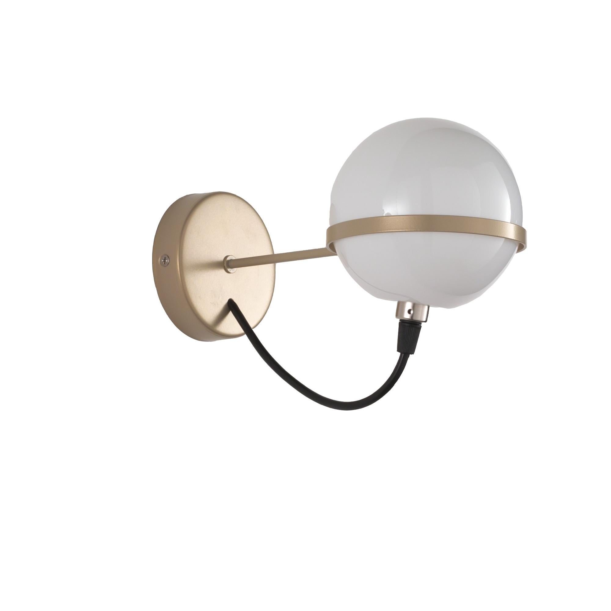 Aplique italiano con un único globo de cristal opalino blanco sostenido por una estructura metálica de color champán / Fabricado en Italia por Fabio Ltd inspirado en Gino Sarfatti
Anchura: 5 pulgadas / Altura: 5 pulgadas / Profundidad: 10 pulgadas
1