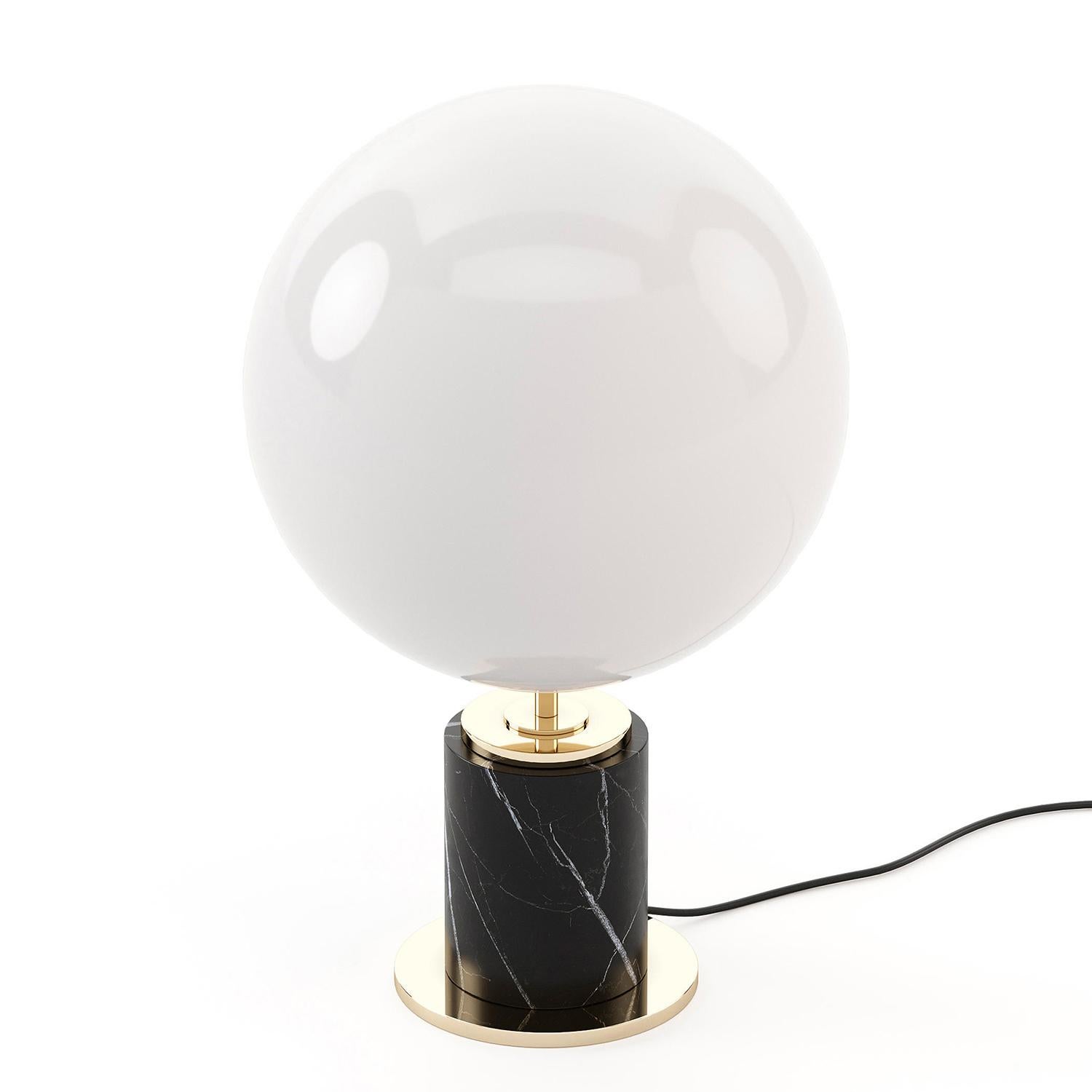 Table Lamp Globo with polished black marble base,
with polished stainless steel details and with white
glass lamp shade. with 1 bulb, bulb not included.