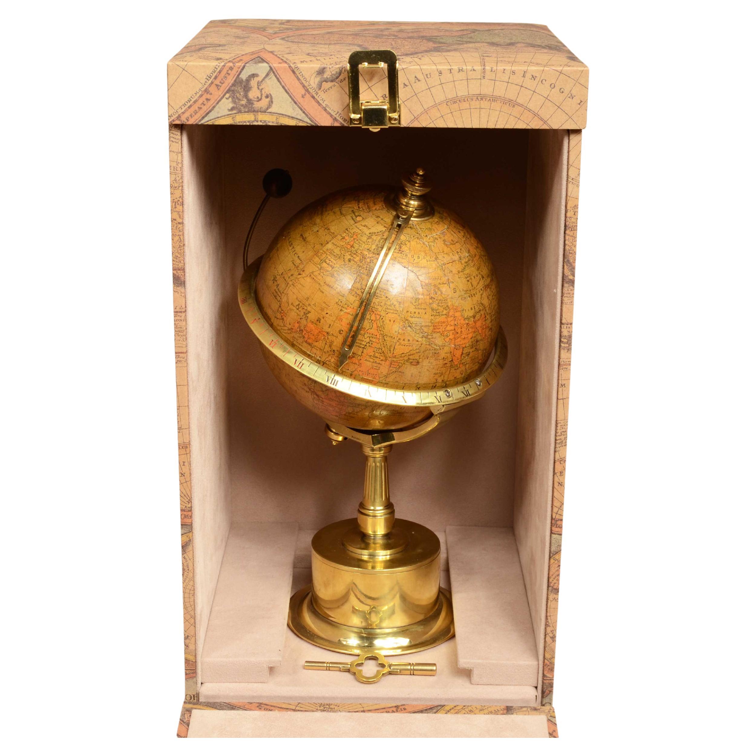 Earth globe complete with 8-day winding clock and moon phase late 1800s