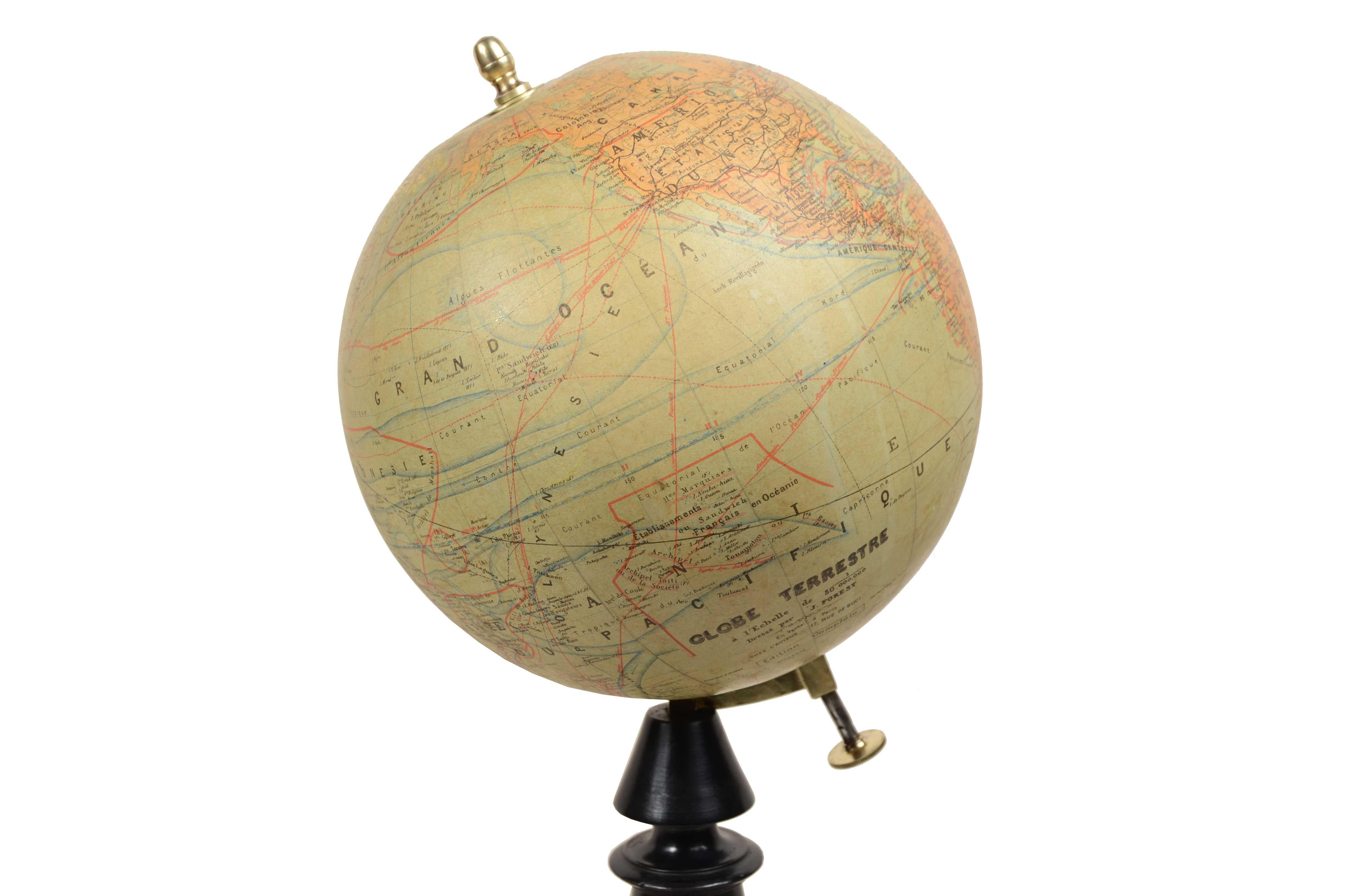 19th Century Earth globe edited in the late 19th century by French geographer J. Forest For Sale