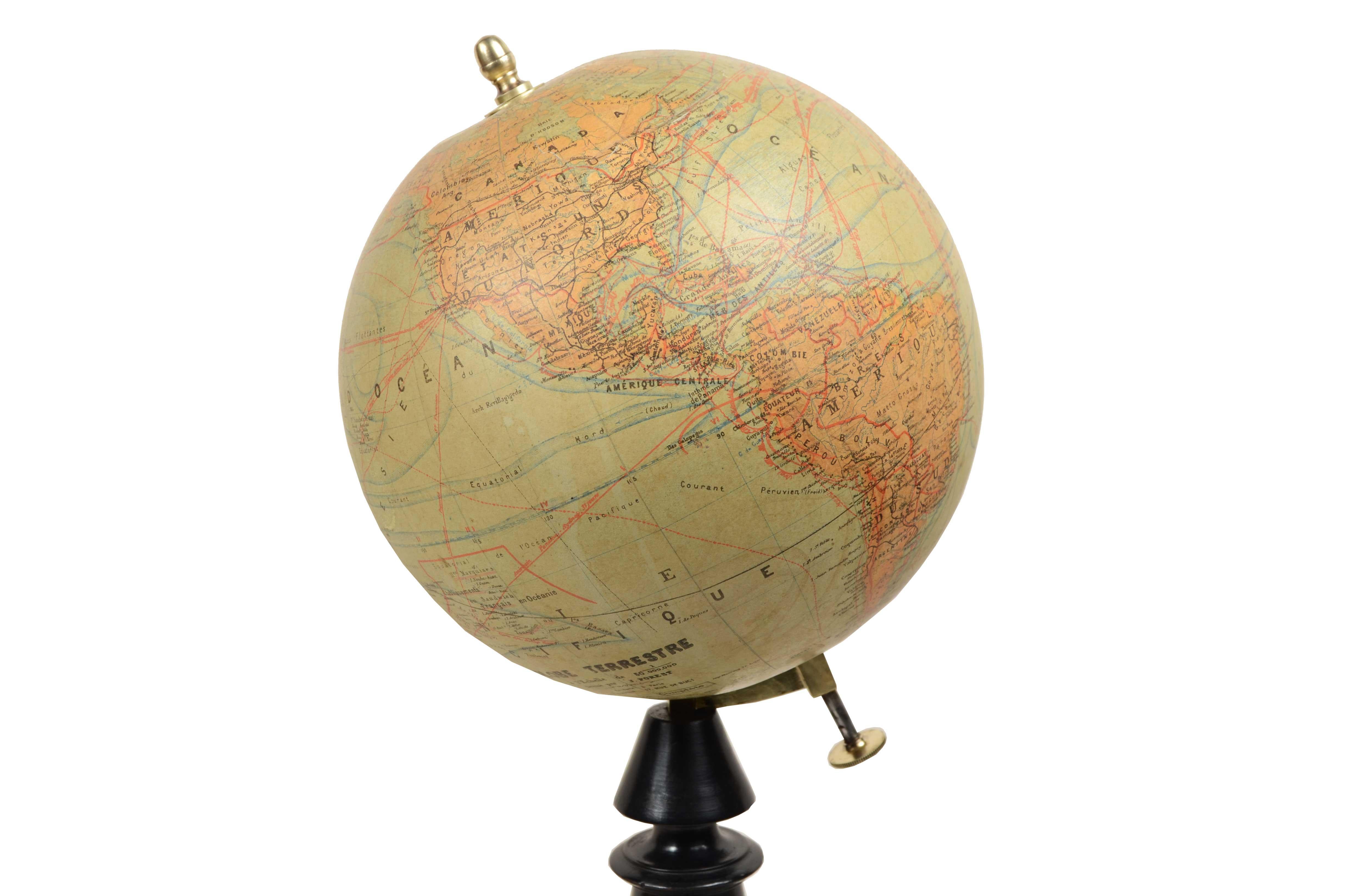 Paper Earth globe edited in the late 19th century by French geographer J. Forest For Sale