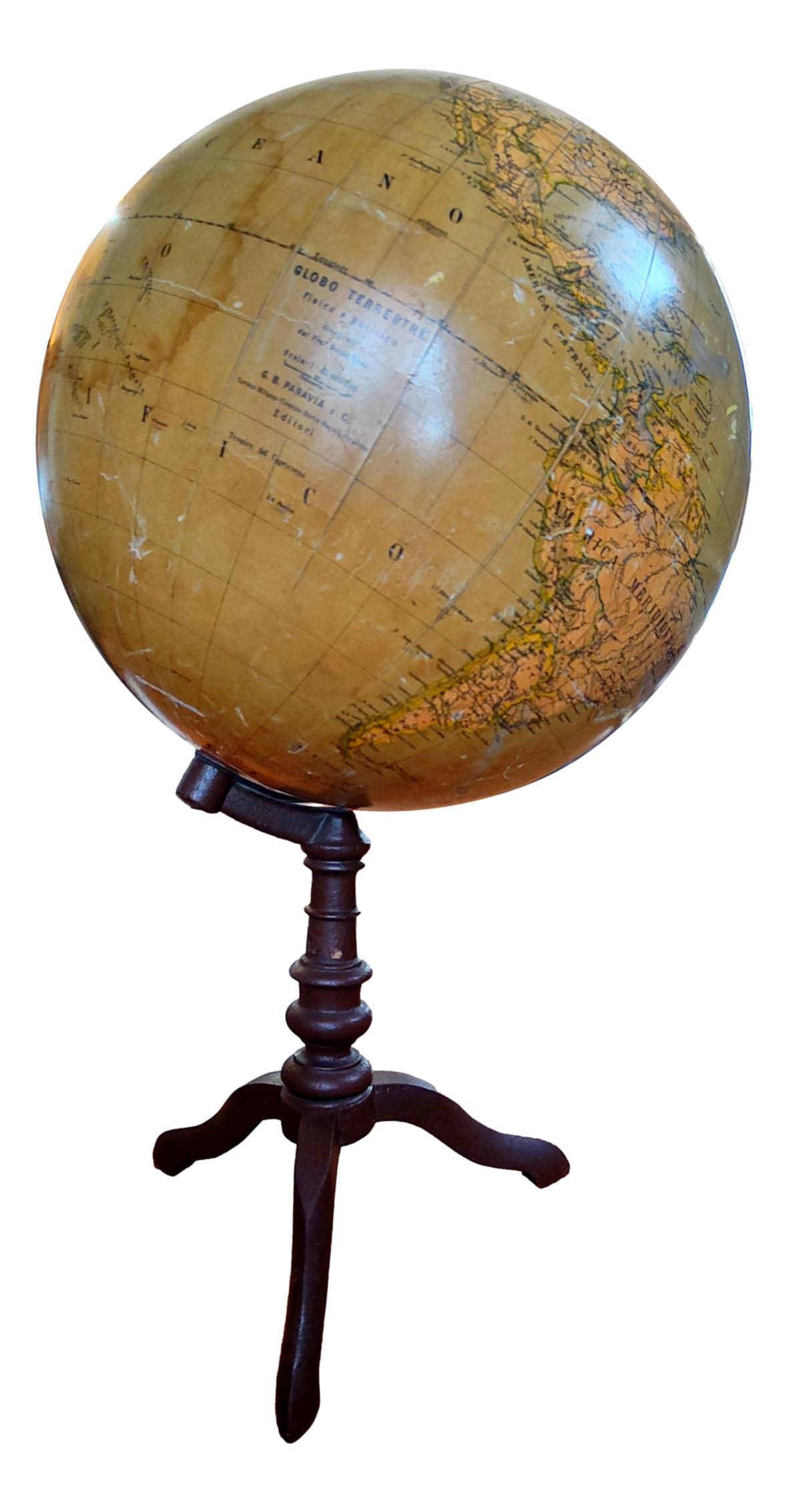 extremely rare early 20th century world map made by Paravia Italia on illustrations by Guido Cora, one of the most important illustrators ever.
Made of parchment-coated material, cast iron base with three feet.
It measures 56 cm in height by a