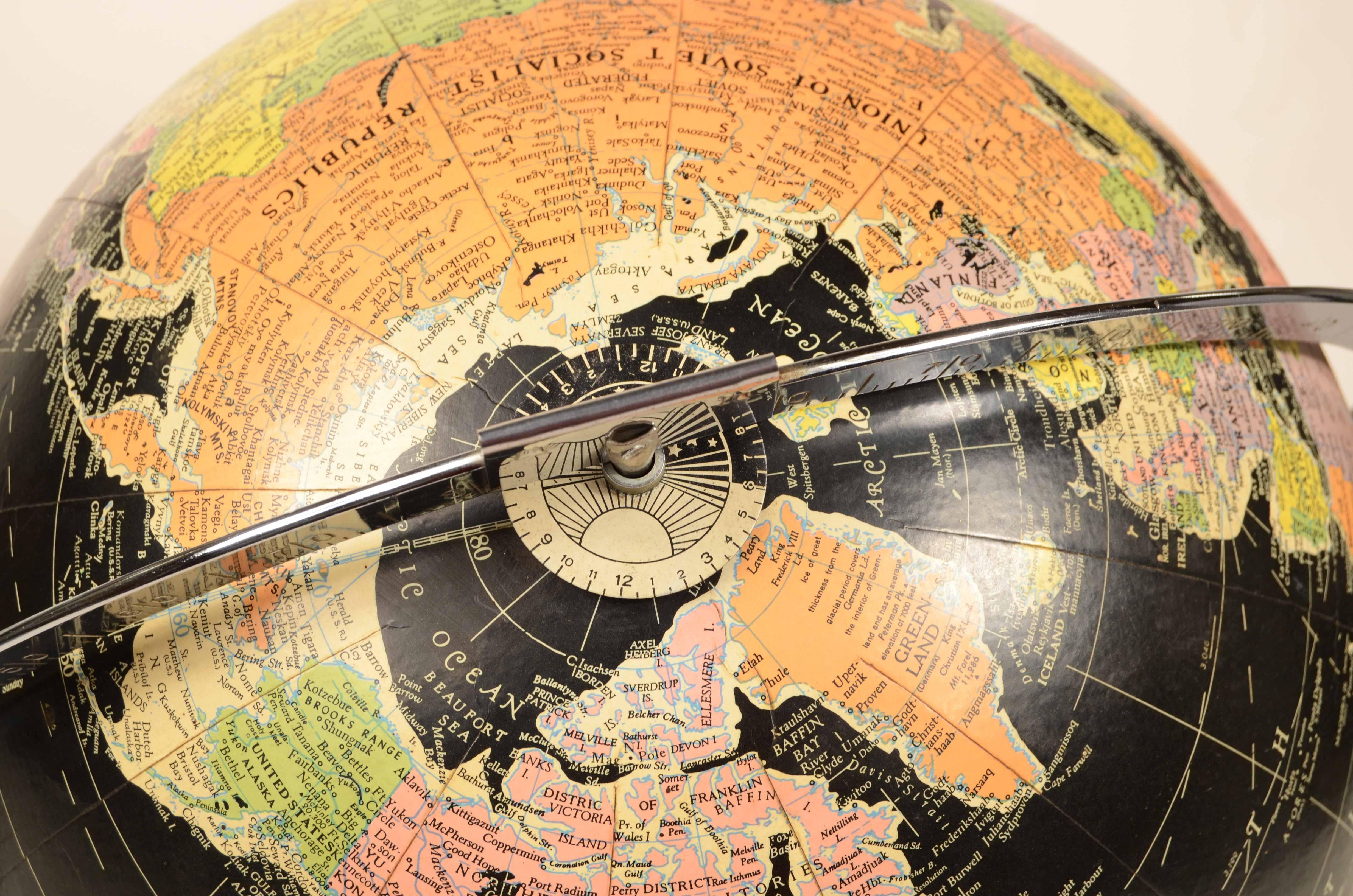 Encyclopedia Britannica 1960 black terrestrial globe chrome metal base 13