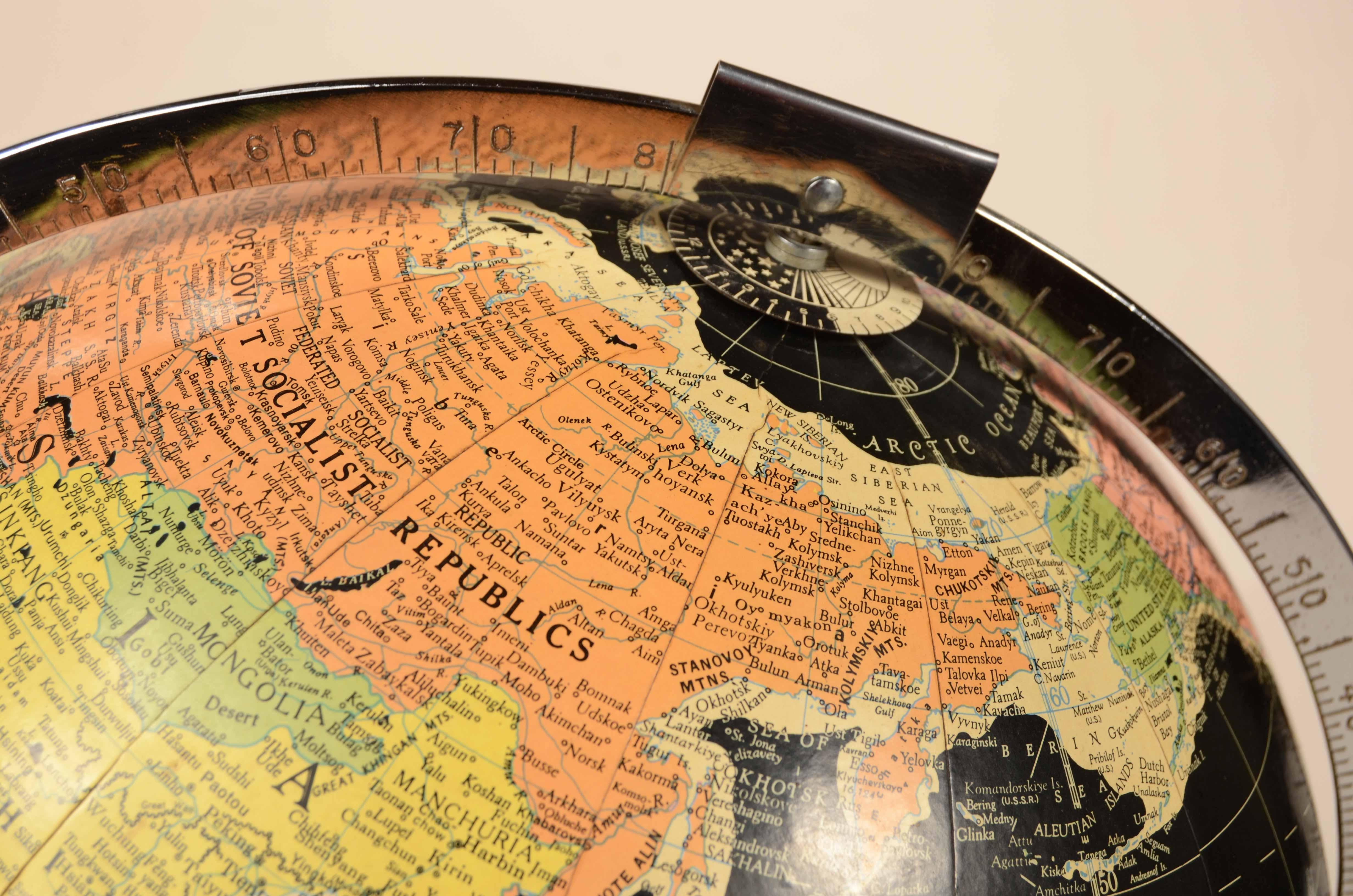 Encyclopedia Britannica 1960 black terrestrial globe chrome metal base 14
