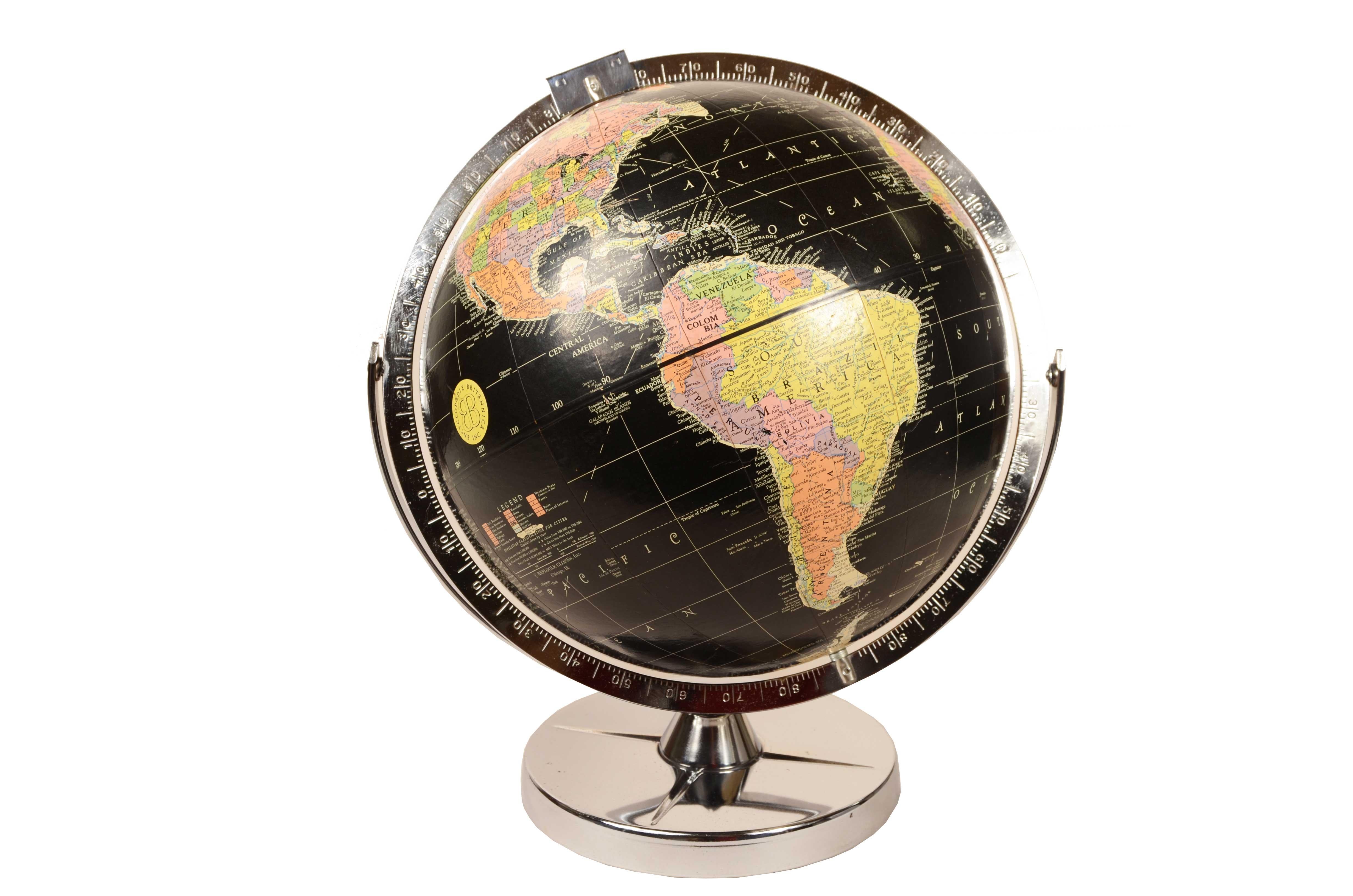 Encyclopedia Britannica black globe from the 1960s. Chrome metal base complete with the complete circle of the meridian, paper mache sphere. 
Good condition, some minor signs of use, excellent readability. 
Measures 30x41 cm - inches 11.8x16.1.

The