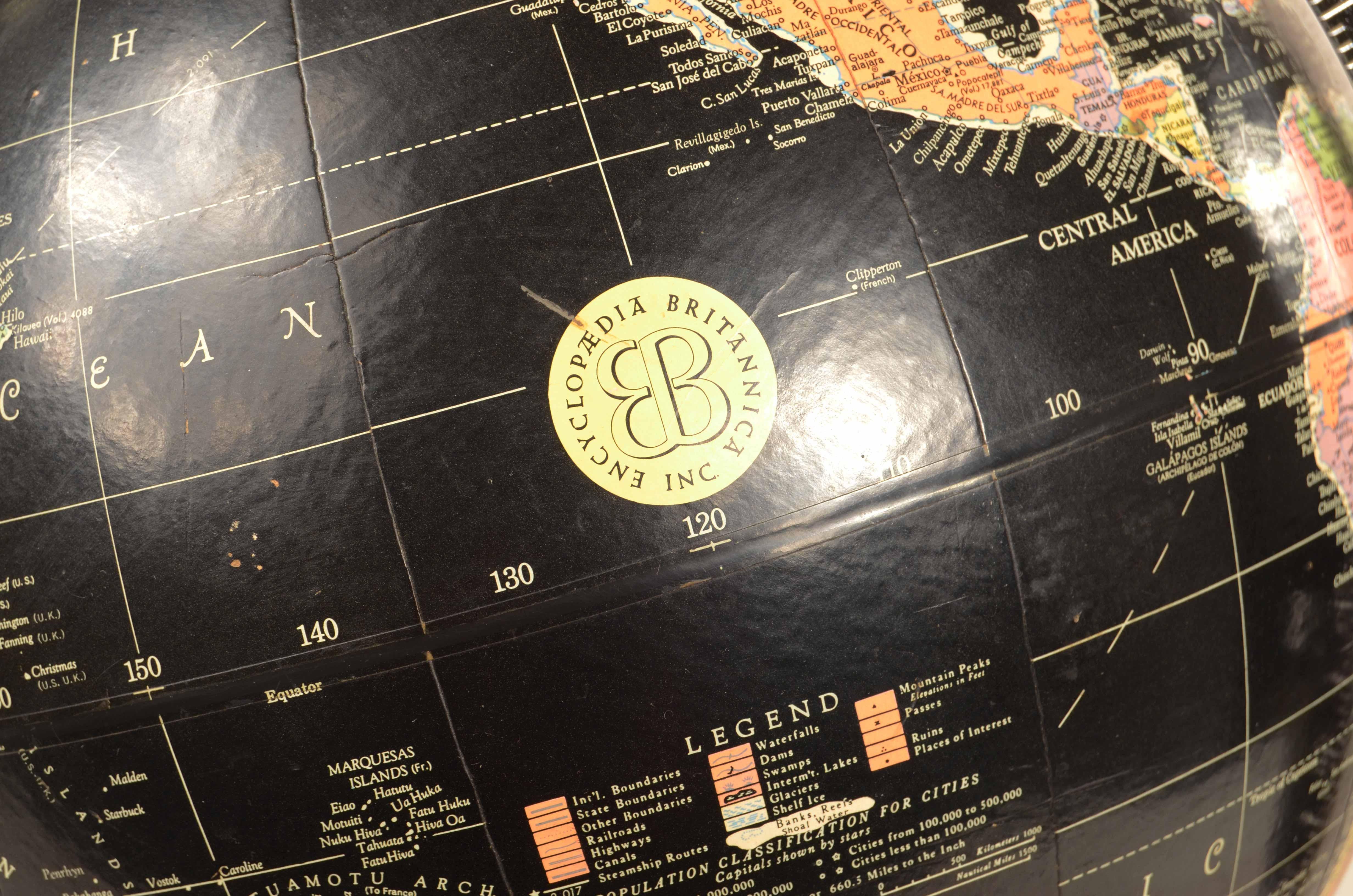 Encyclopedia Britannica 1960 black terrestrial globe chrome metal base In Good Condition In Milan, IT