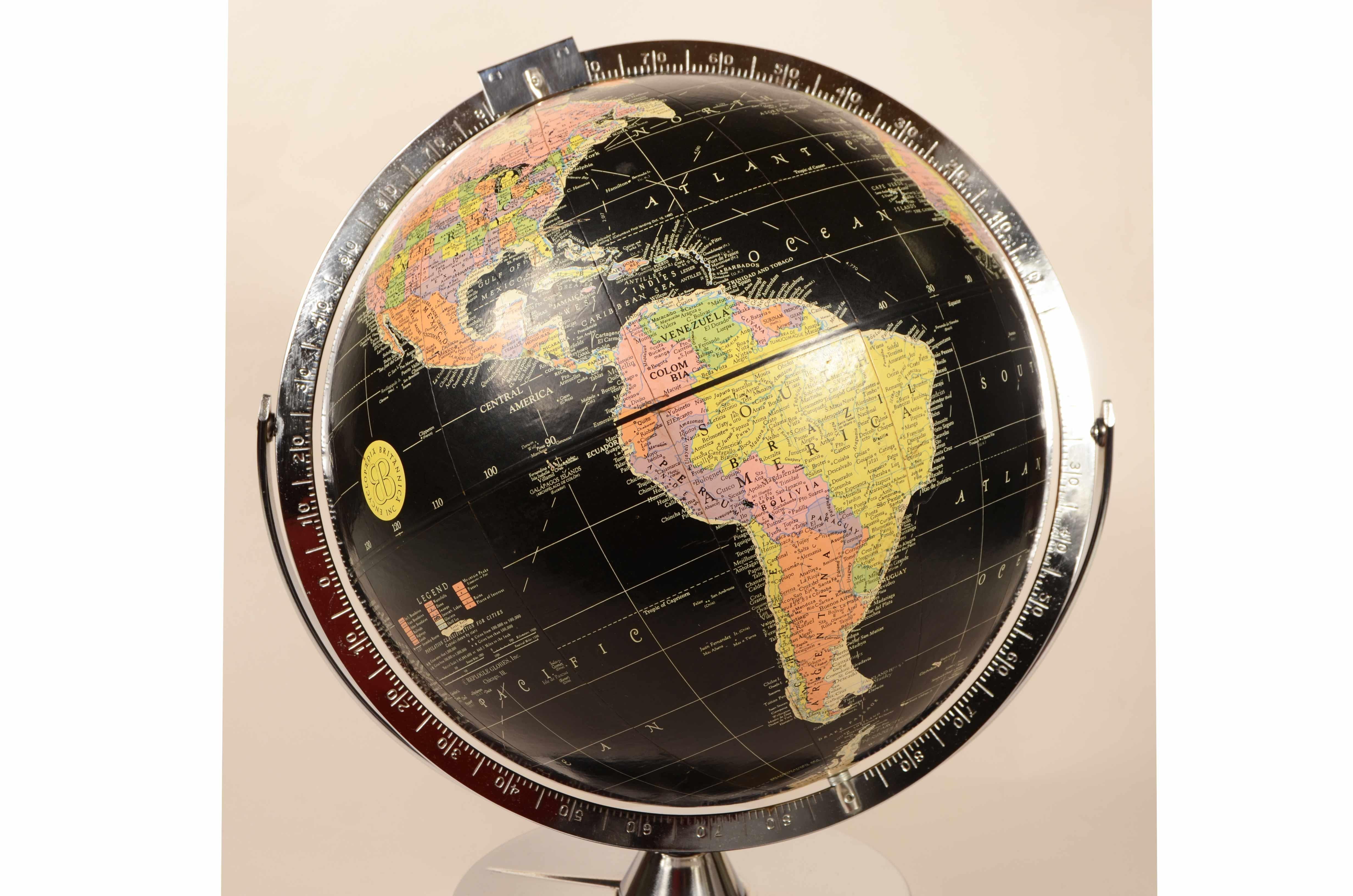 Mid-20th Century Encyclopedia Britannica 1960 black terrestrial globe chrome metal base