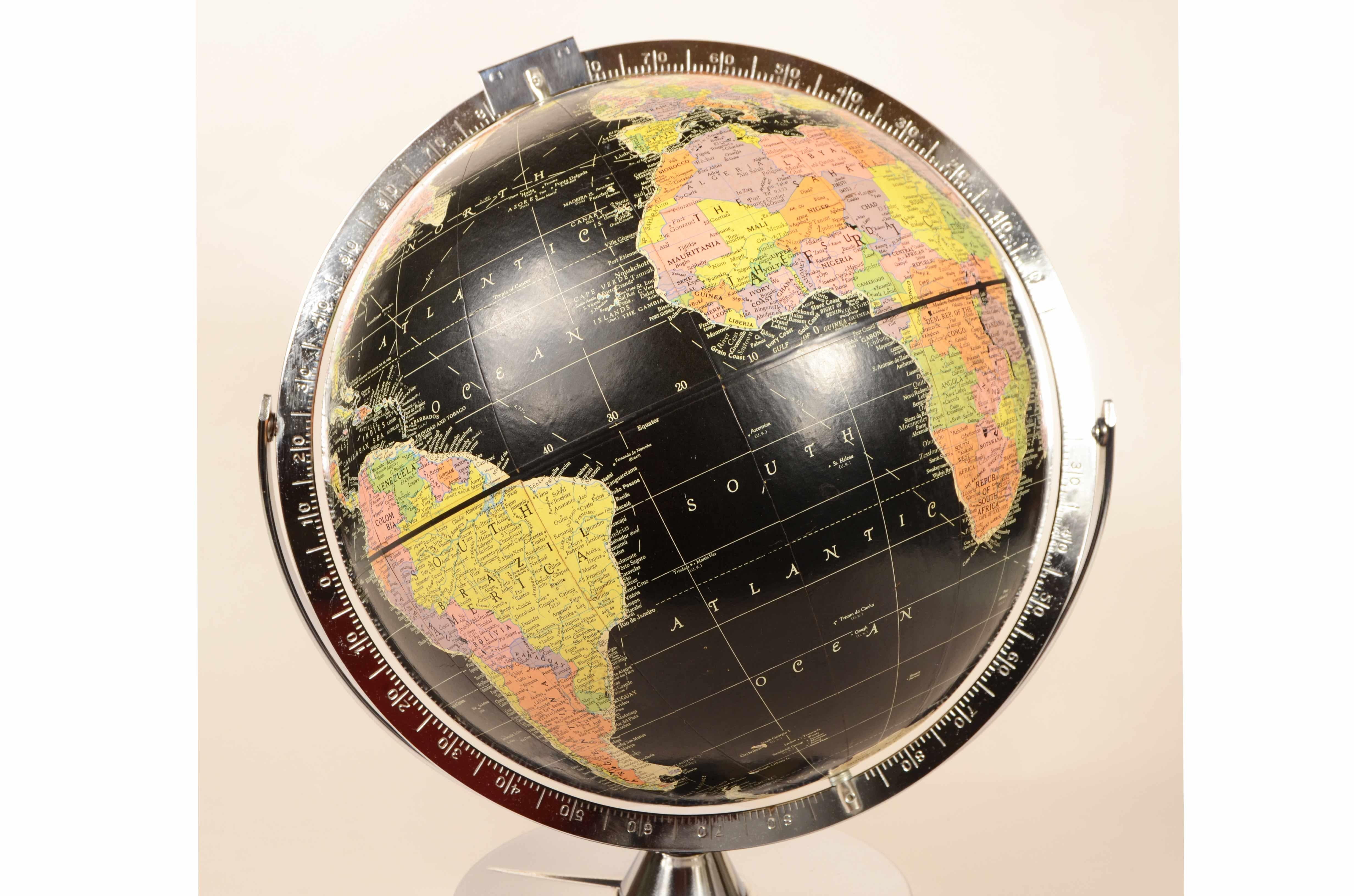 Metal Encyclopedia Britannica 1960 black terrestrial globe chrome metal base
