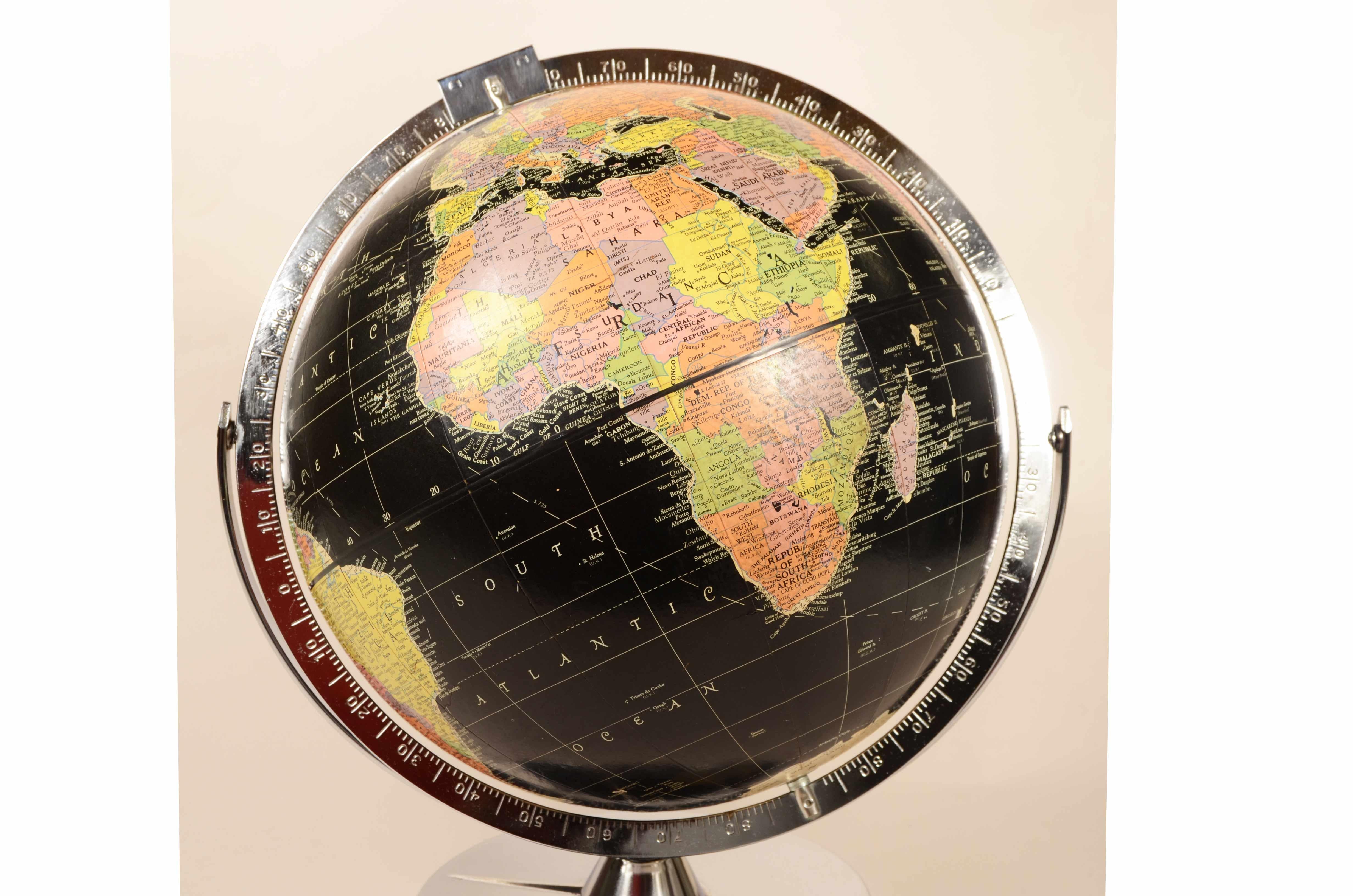 Encyclopedia Britannica 1960 black terrestrial globe chrome metal base 1