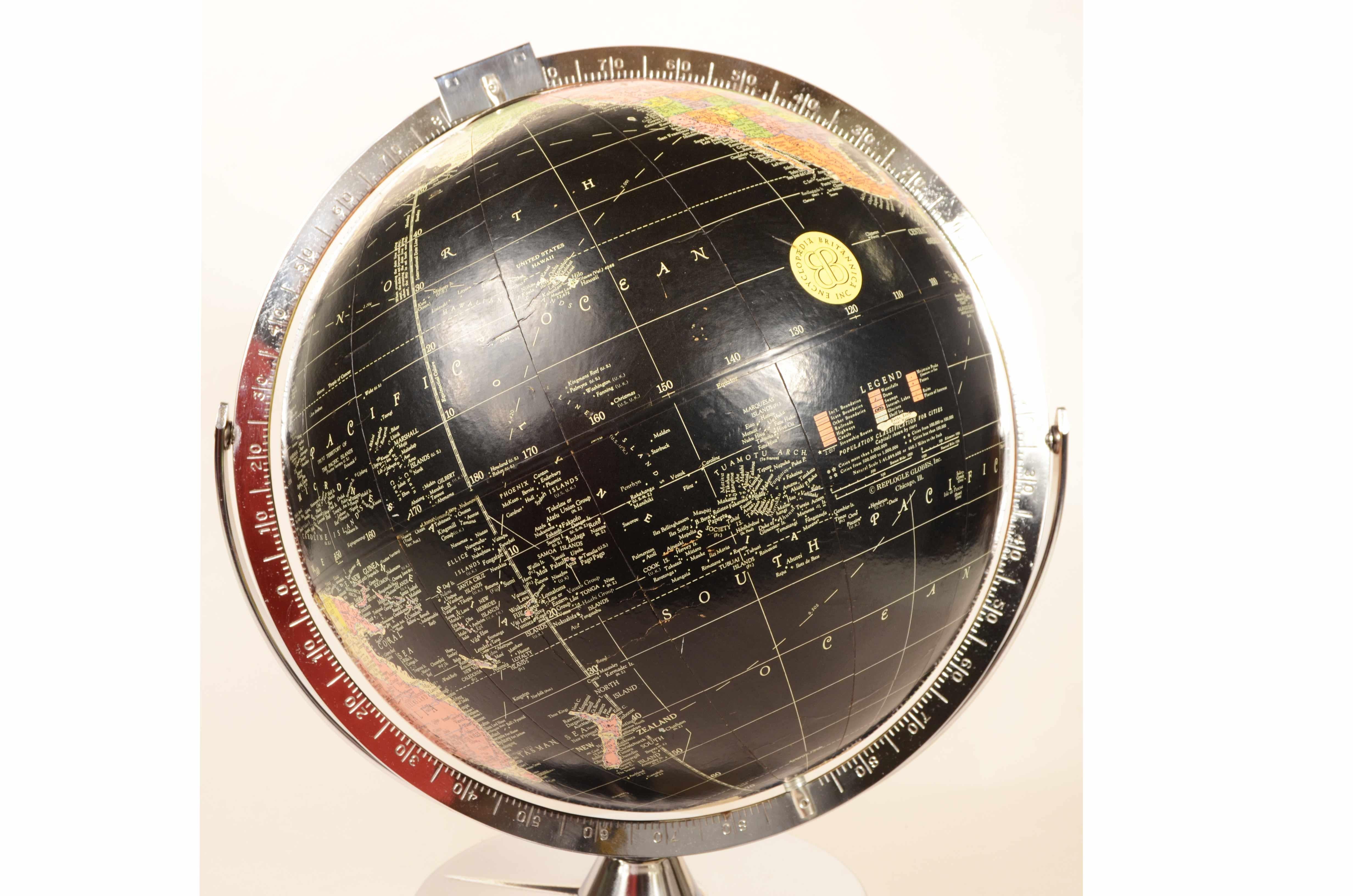 Encyclopedia Britannica 1960 black terrestrial globe chrome metal base 3