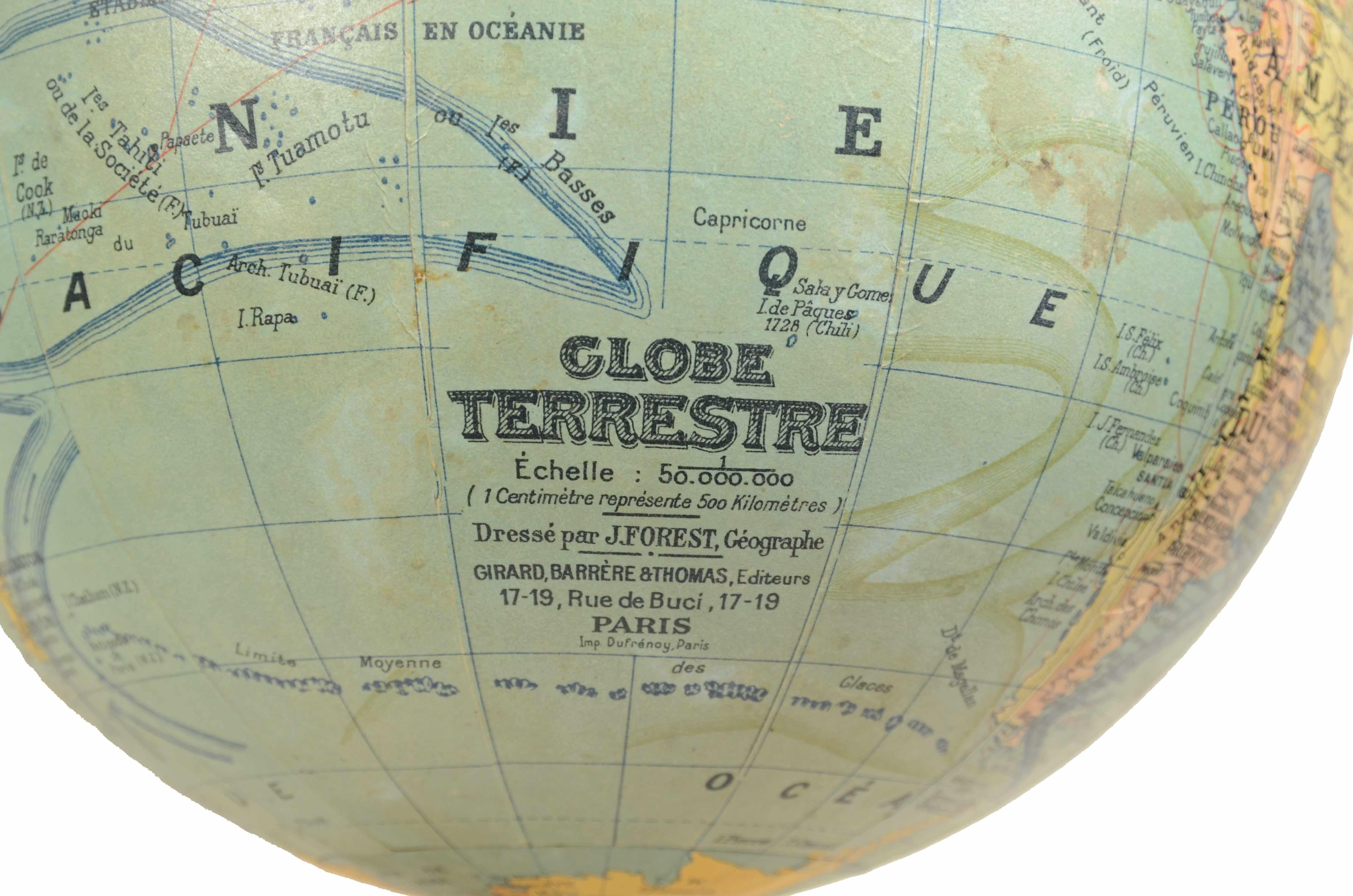 Earth globe drafted late 1940s by French geographer J. Forest For Sale 5
