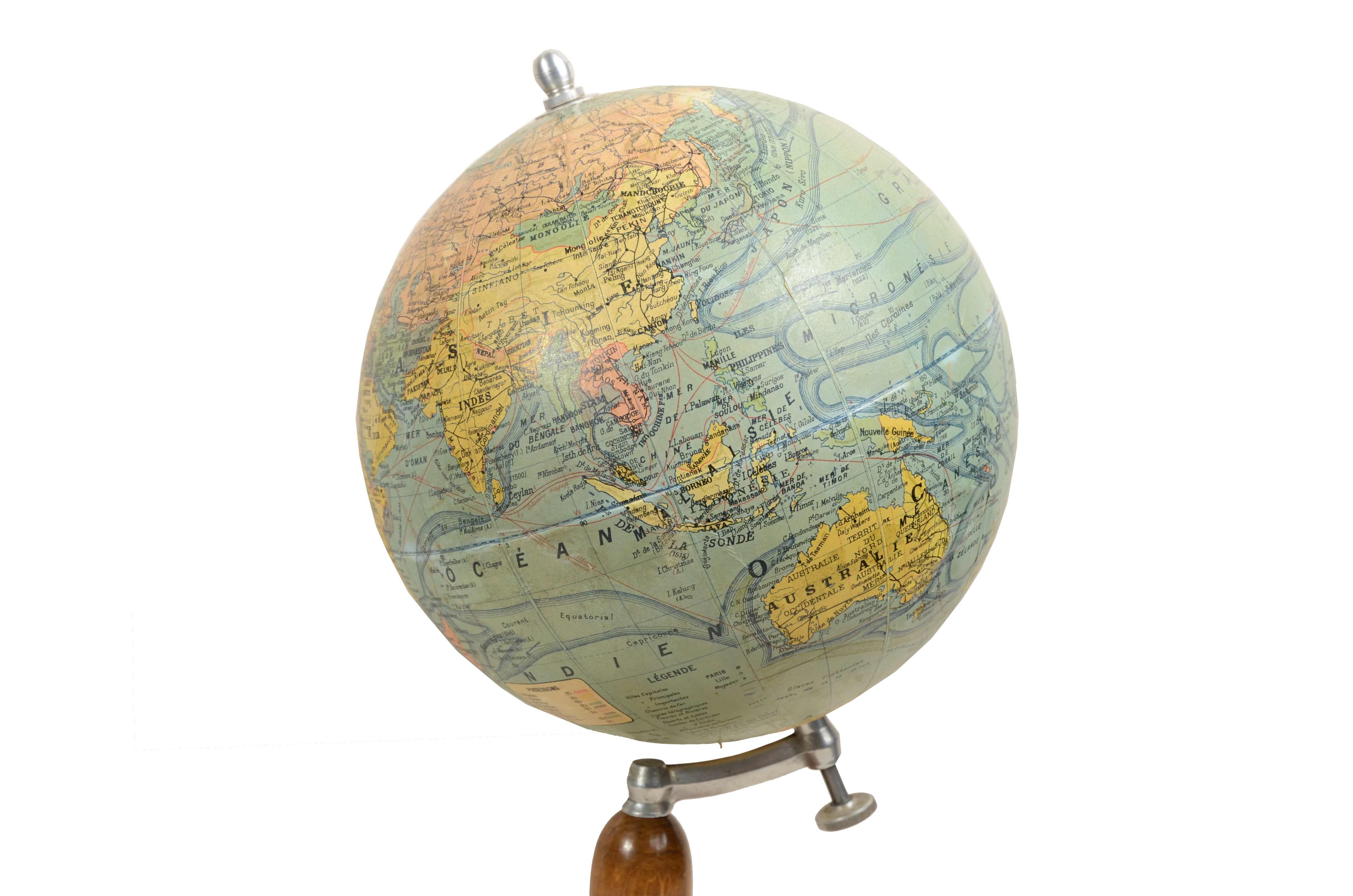 Mid-20th Century Earth globe drafted late 1940s by French geographer J. Forest For Sale