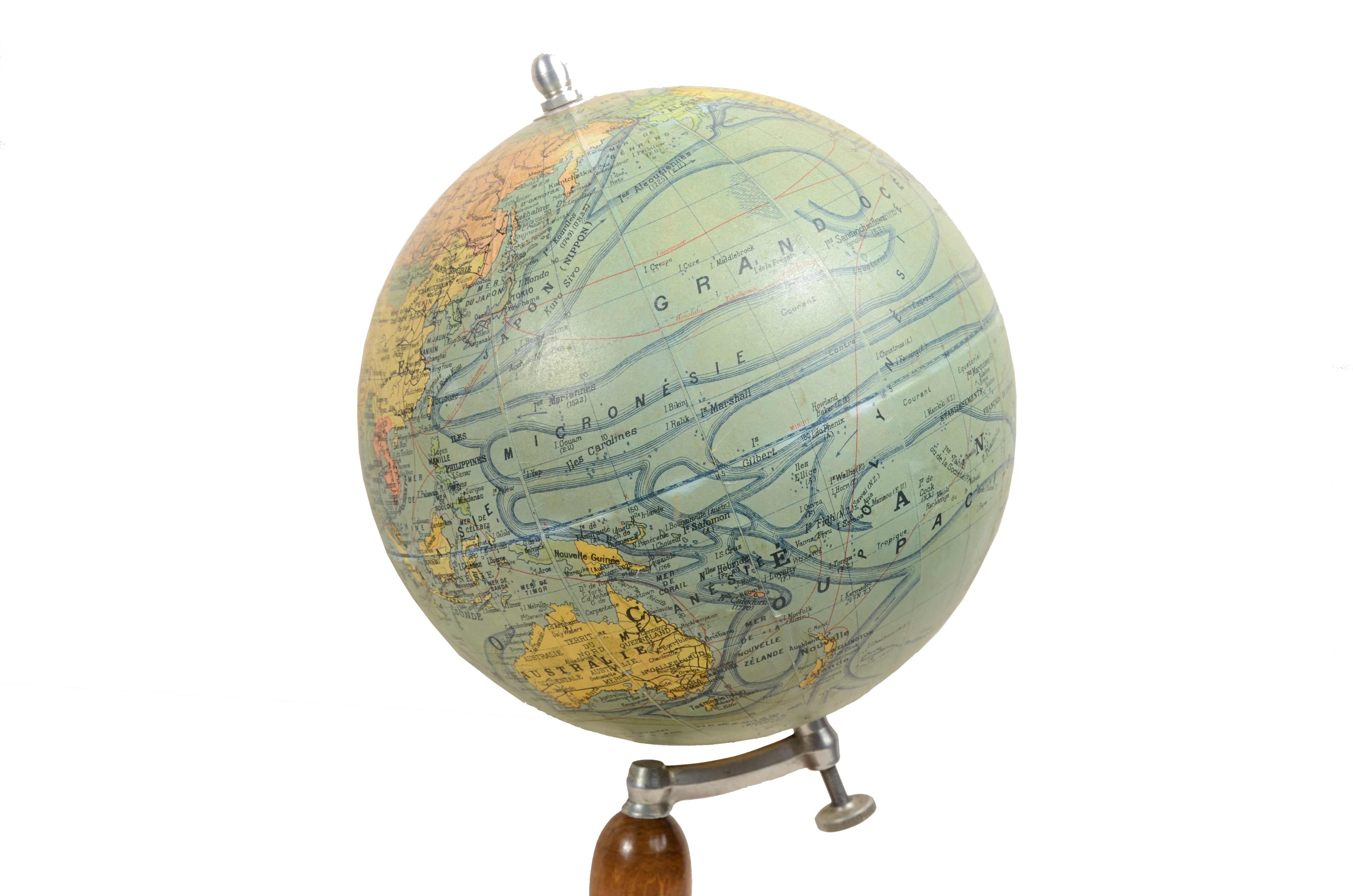 Paper Earth globe drafted late 1940s by French geographer J. Forest For Sale