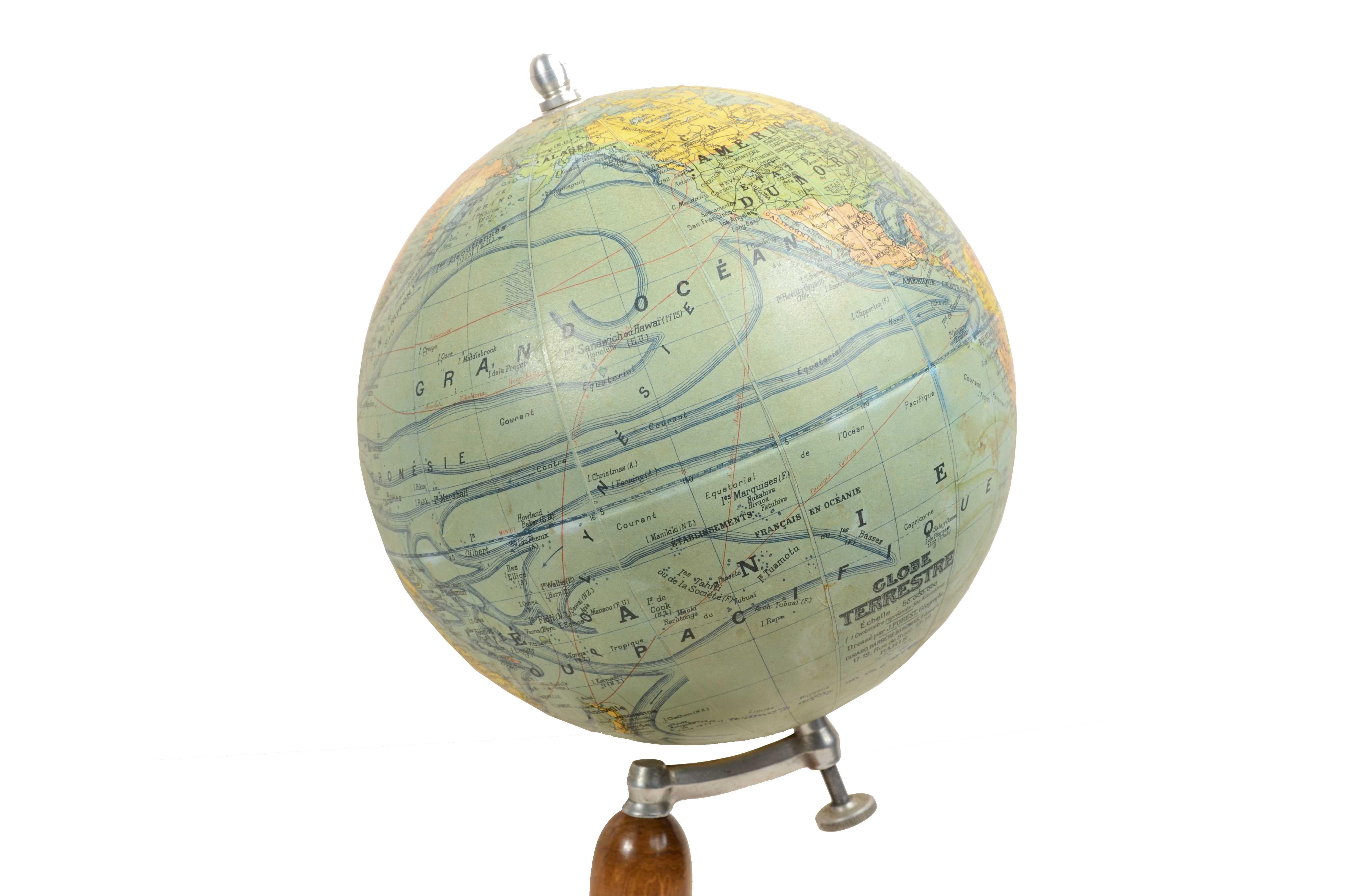 Earth globe drafted late 1940s by French geographer J. Forest For Sale 1