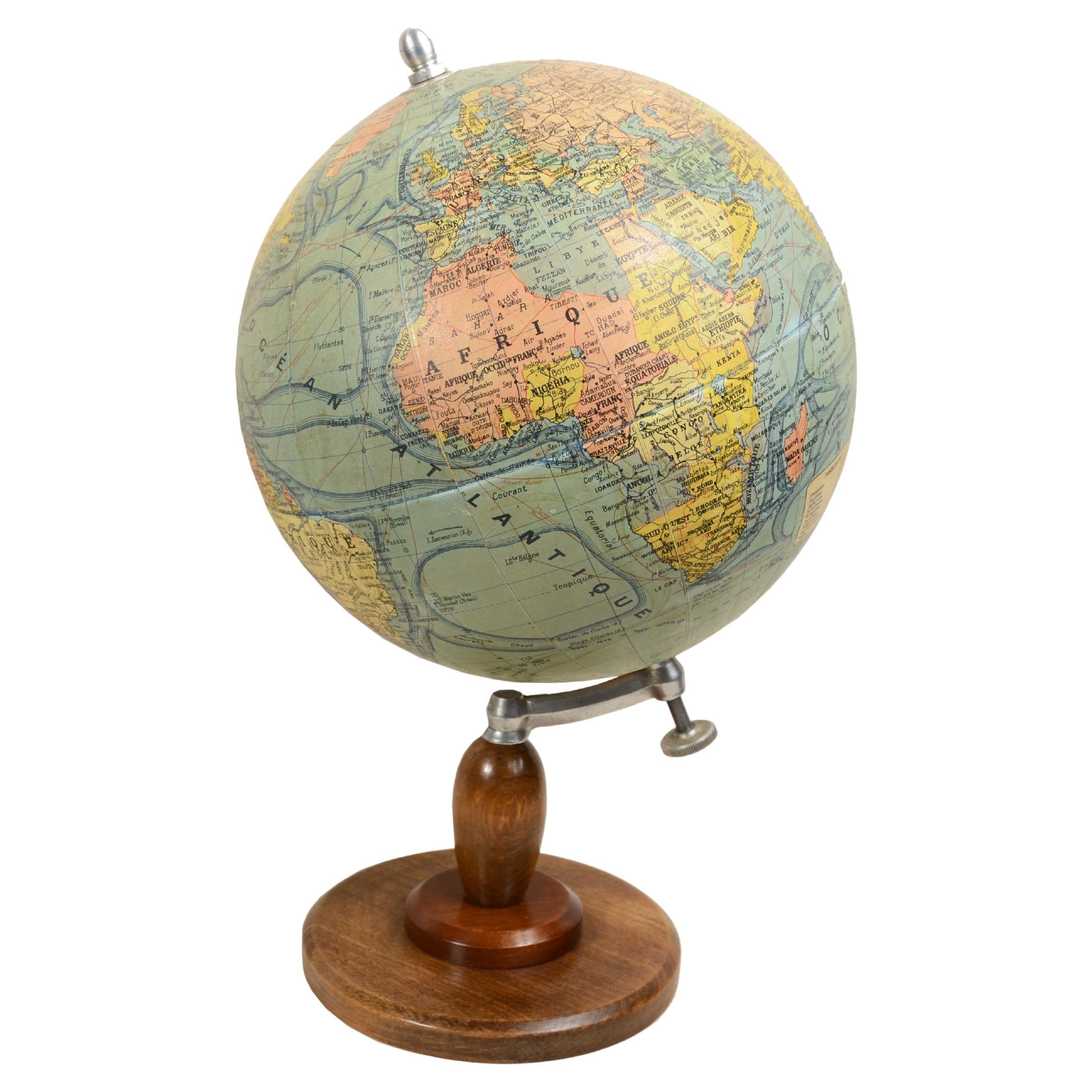 Earth globe drafted late 1940s by French geographer J. Forest For Sale