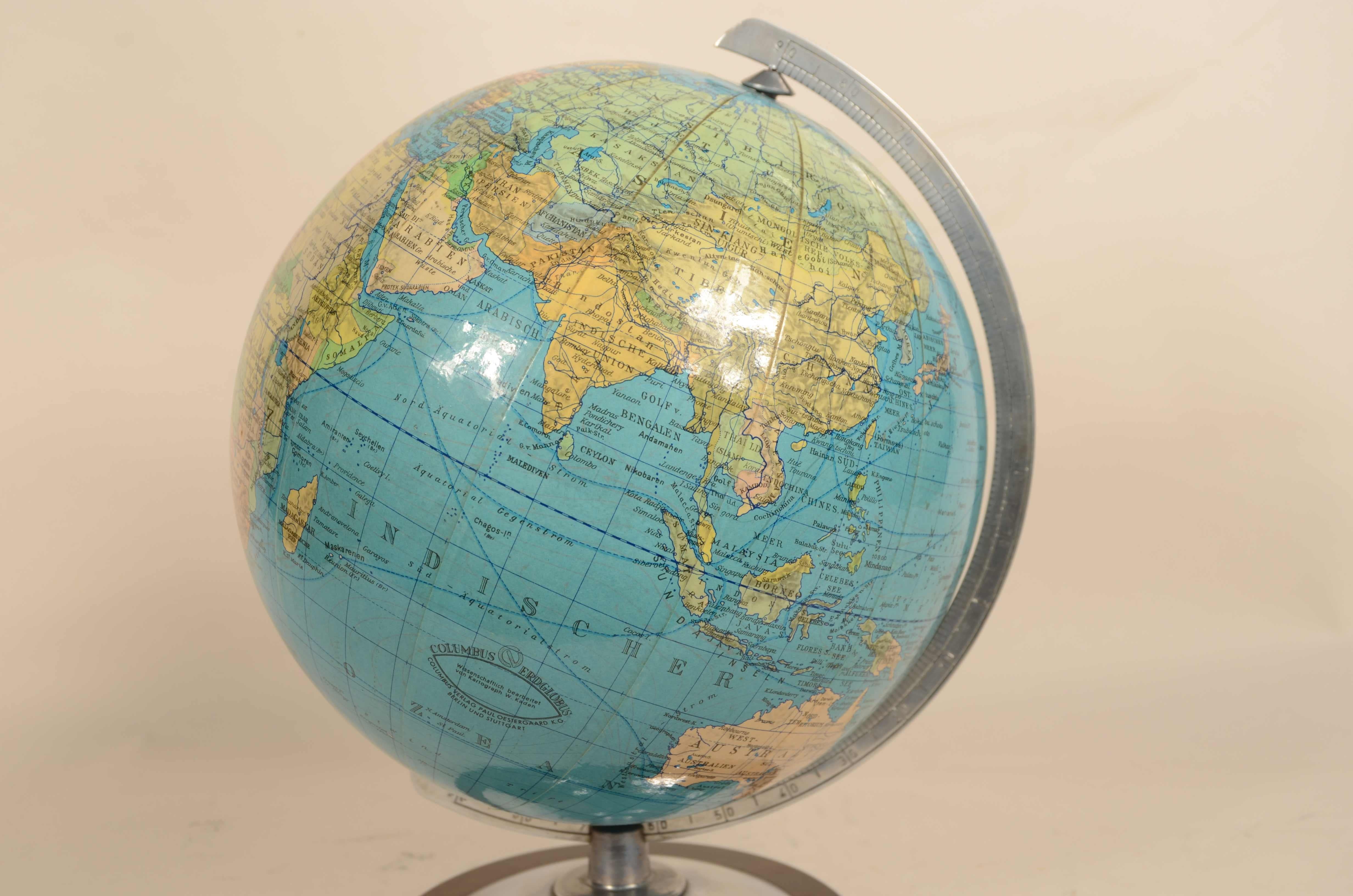 20th Century German earth globe Columbus Erdglobus by cartographer Paul Oestergaard 1950s For Sale
