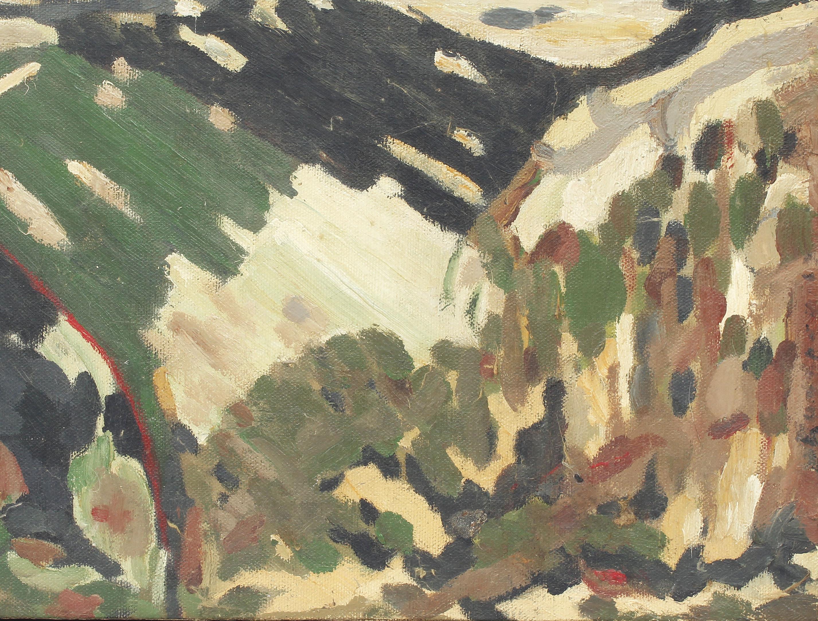 Antique American modernist abstract expressionist signed oil painting by Gloria Banning (1924-2007).  Oil on canvas, circa 1960.  Displayed in a period modern frame.  Image, 12