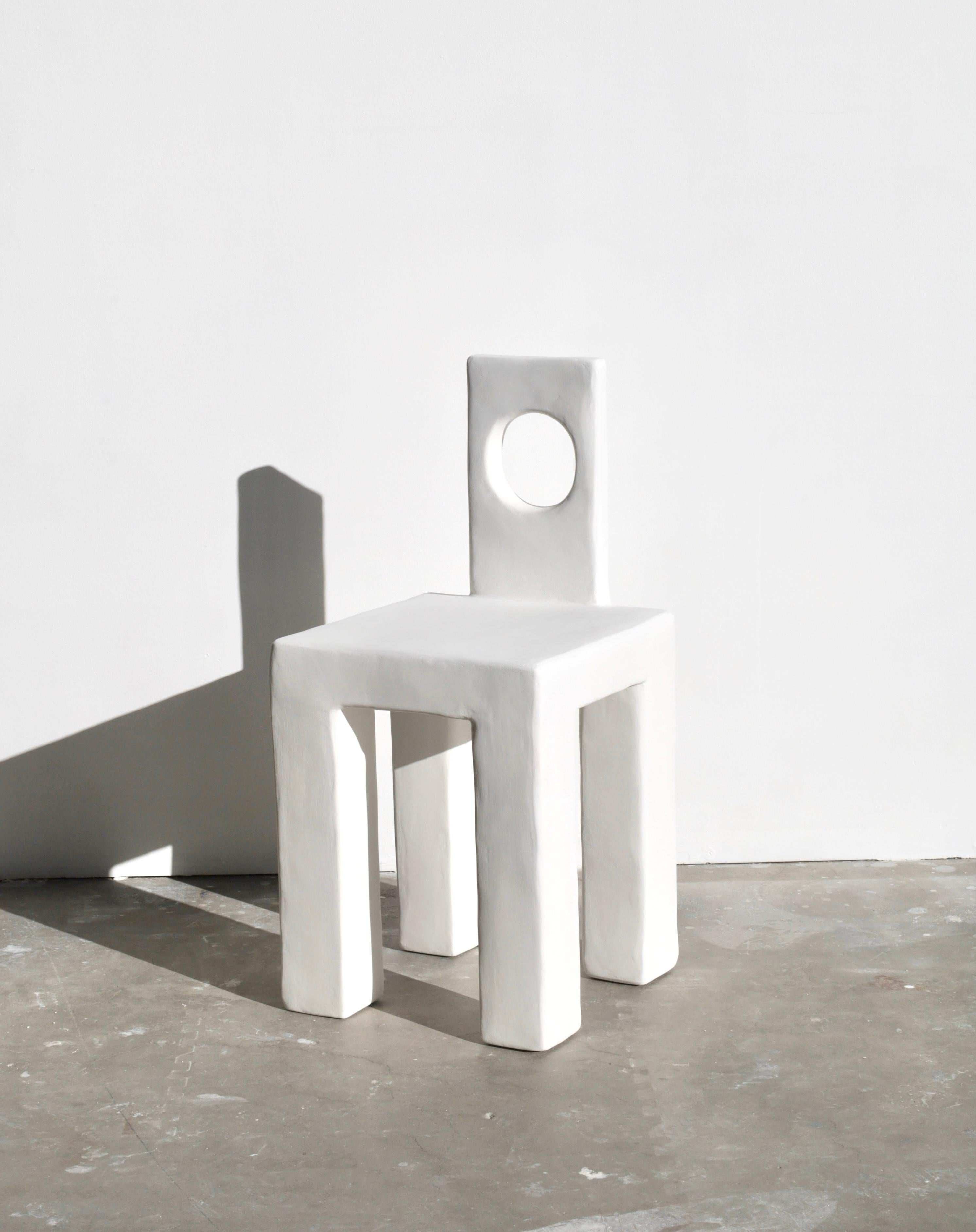 Art object created for use, designed to serve a purpose and with an aesthetic in mind

the eyelet-style back and four chunky legs create a sculptural Minimalist design.
each chair is custom made, therefore, the shape will differ from piece to
