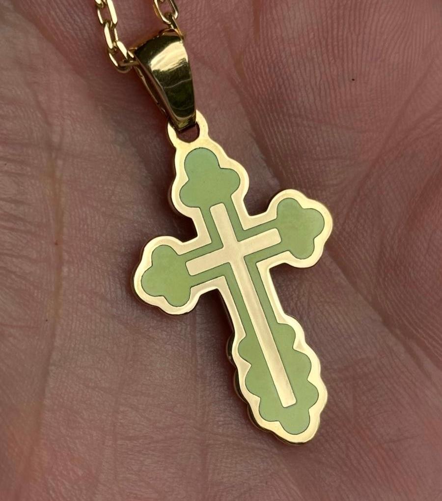 Arts and Crafts Gloria Cross in Yellow gold and Anis enamel For Sale