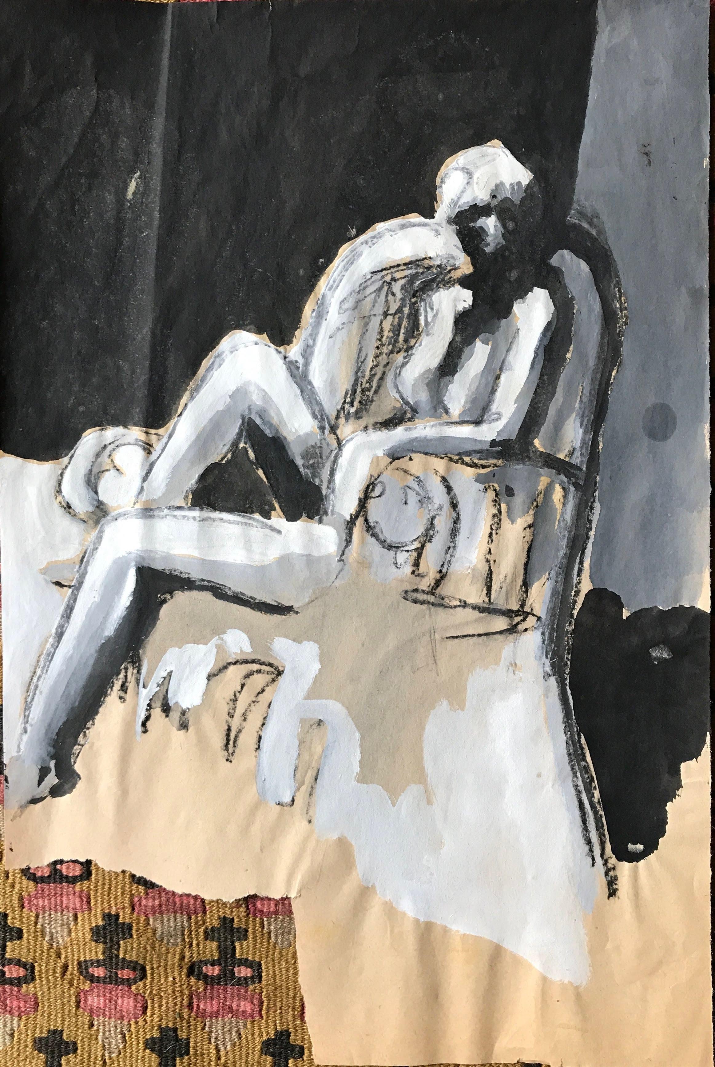 Gloria Dudfield Figurative Painting - "Leaning in Chair" Mid-Century Figurative
