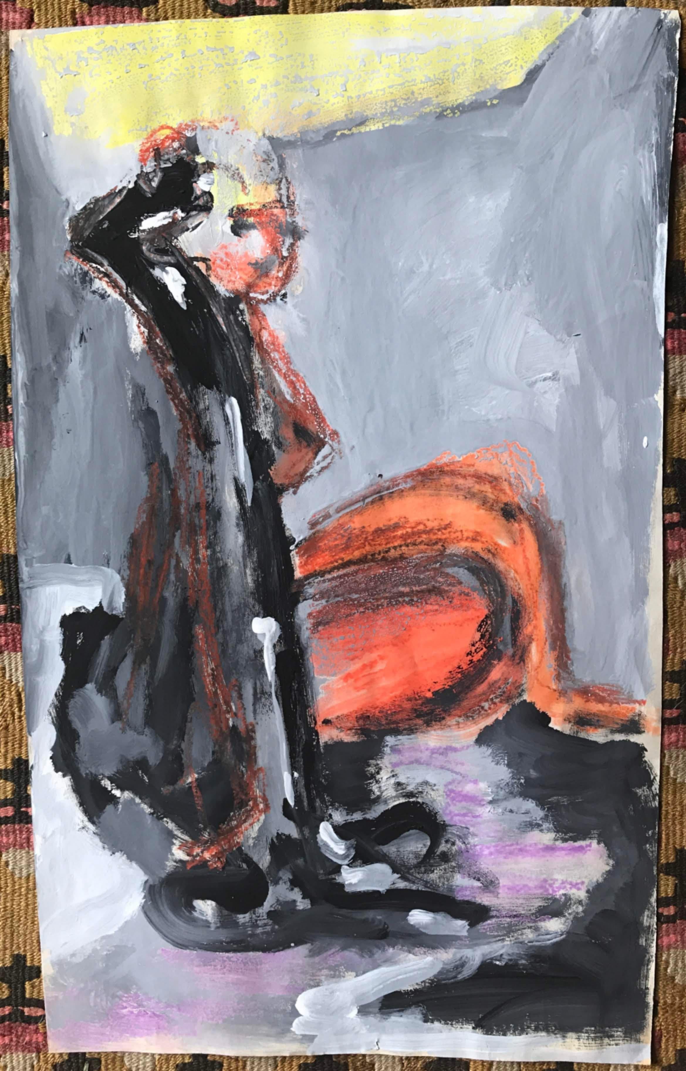 Mid Century Figurative Painting Purple, Orange, Gray, Yellow Pastel and Paint For Sale 4