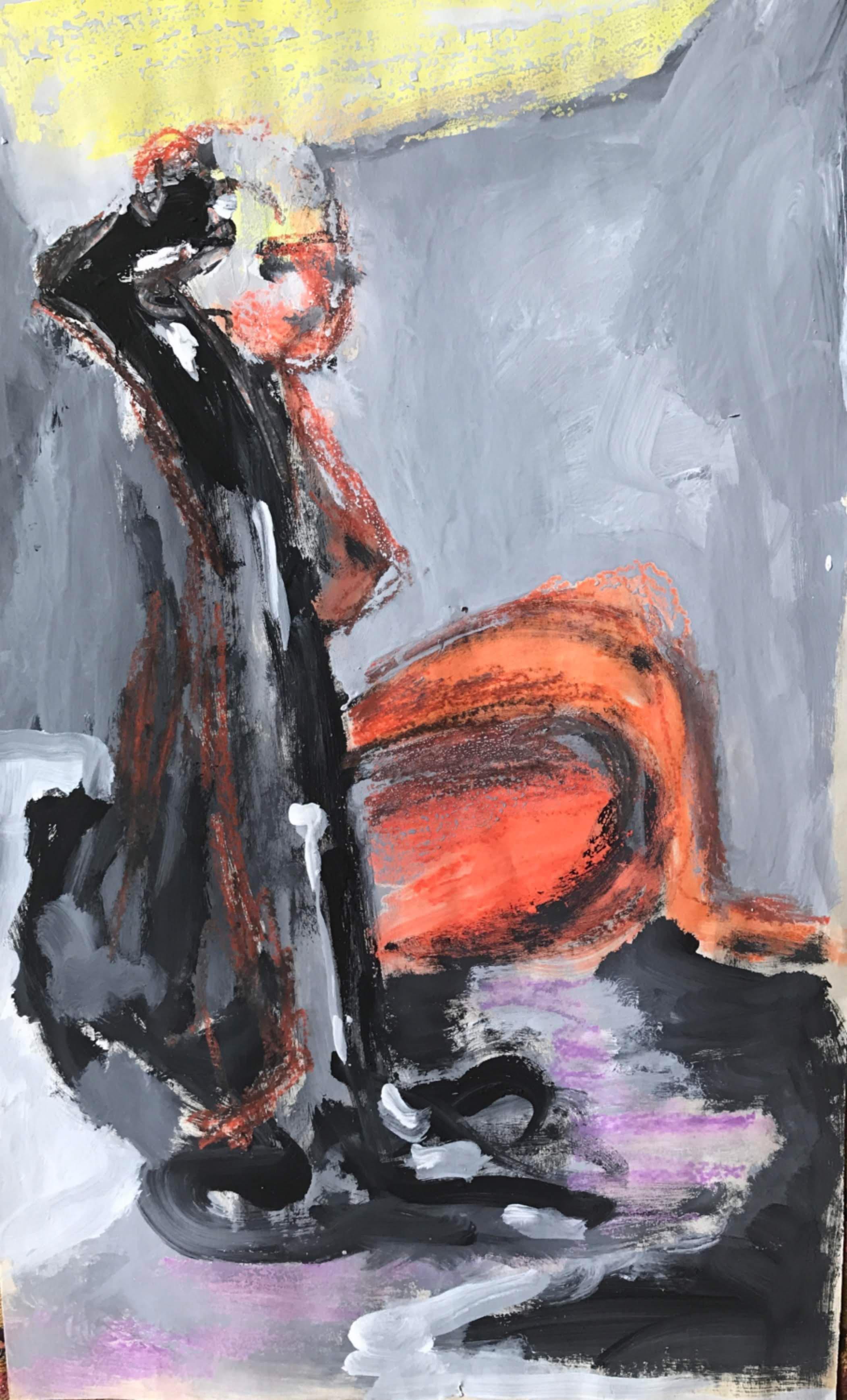 Peinture figurative du milieu du siècle dernier pourpre, orange, gris, jaune pastel et peinture